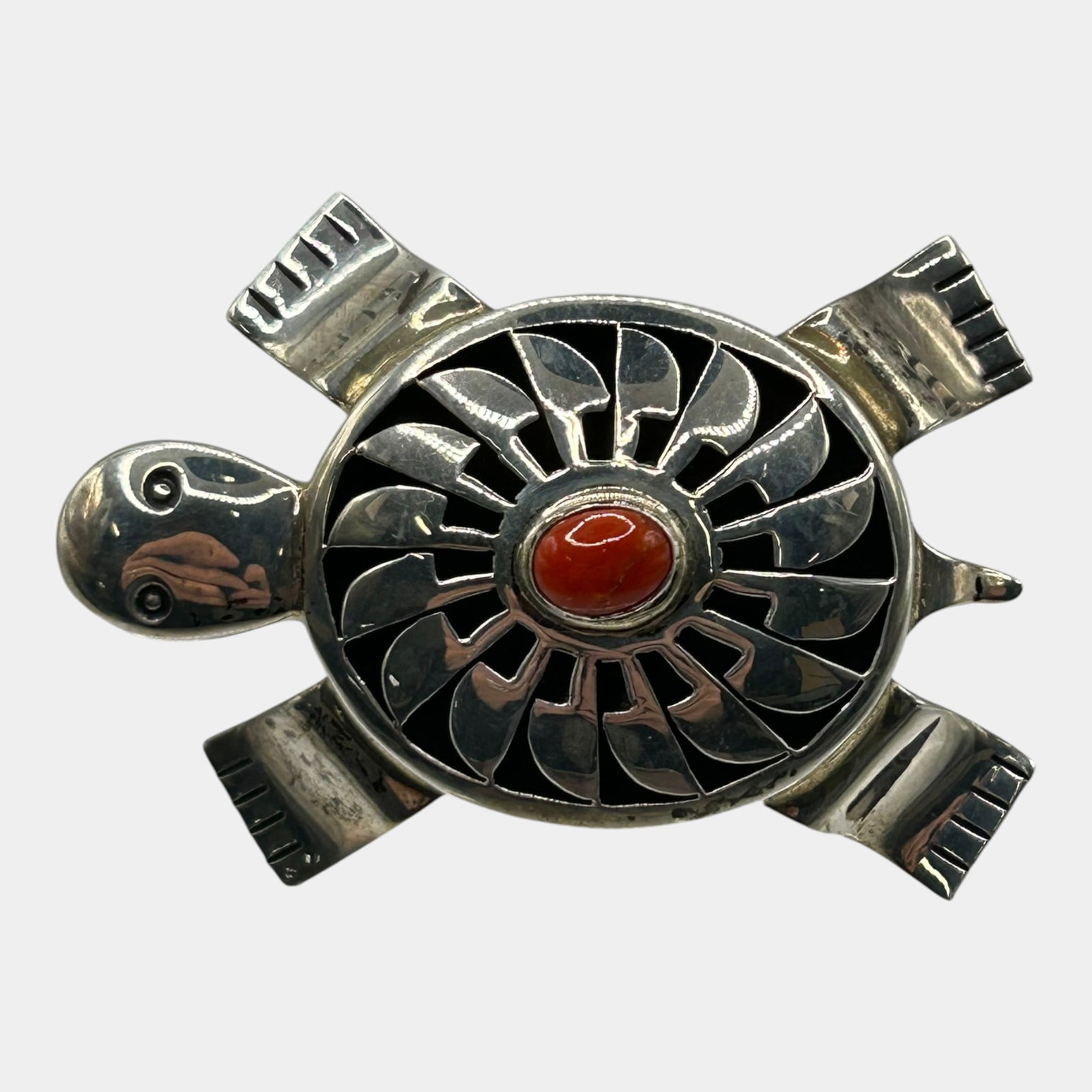 Bennie Ration Navajo Native American Sterling Silver Coral Cabochon Sculptural Turtle Brooch: Professional, fast, and affordable in house shipping available for all items.For higher resolution images please visit www.bid.craftedauctions.com Finely handcrafted, this Bennie Ration Navajo sterlin