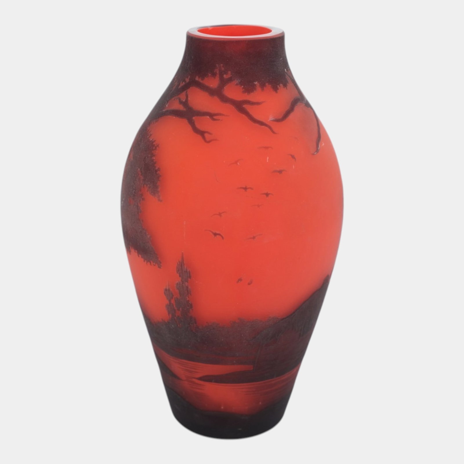 Richard Burgsthall For Loetz Early 1900s Orange Red Scenic Ruins On River Cameo Art Glass Vase - 3