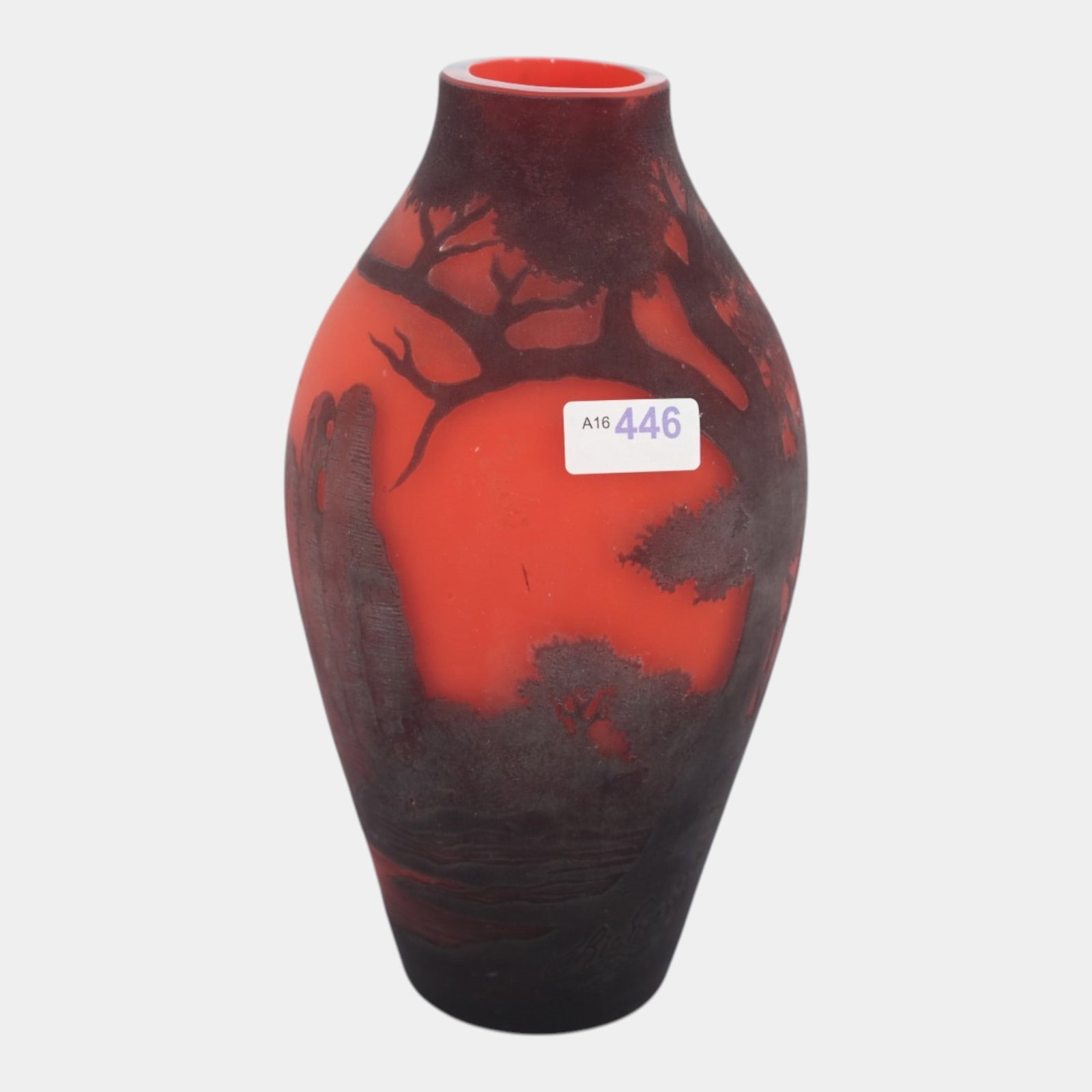 Richard Burgsthall For Loetz Early 1900s Orange Red Scenic Ruins On River Cameo Art Glass Vase - 4
