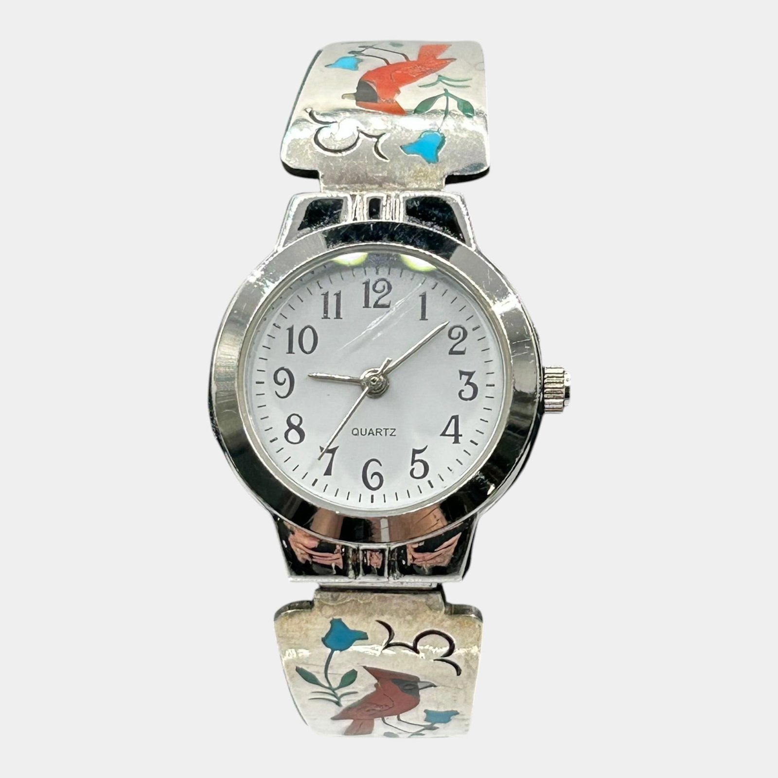 Sammy & Esther Guardian Zuni Native American Sterling Silver & Cardinal Decorated Banded Wrist Watch: Professional, fast, and affordable in house shipping available for all items.For higher resolution images please visit www.bid.craftedauctions.com Finely handcrafted, this Sammy & Esther Guardian Zuni