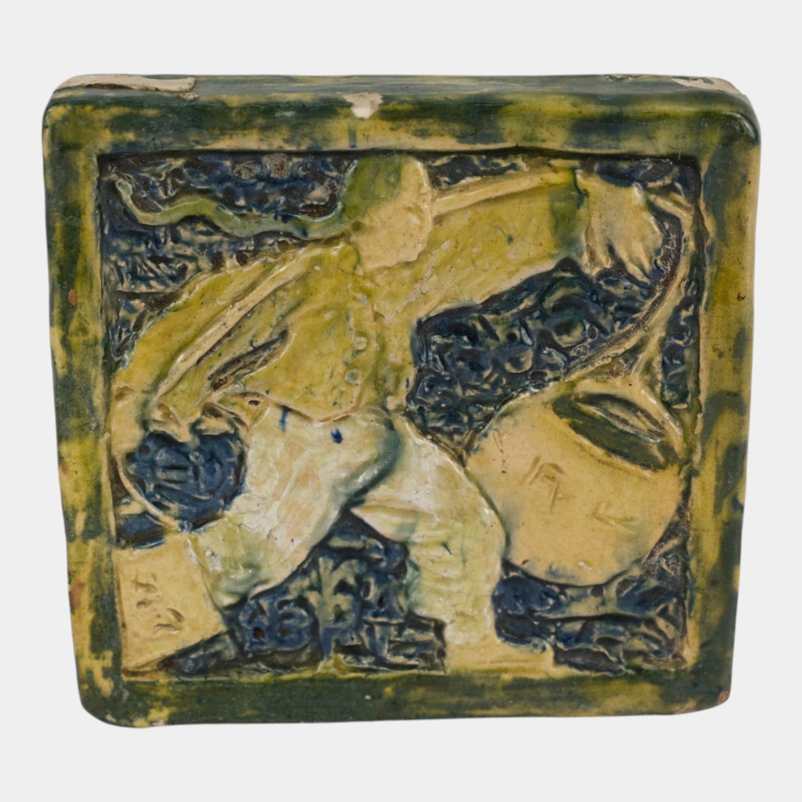 Russell Crook Early 20th Century Arts And Crafts Pottery Green Blue Man Carrying Buckets Tile (1 of 3)