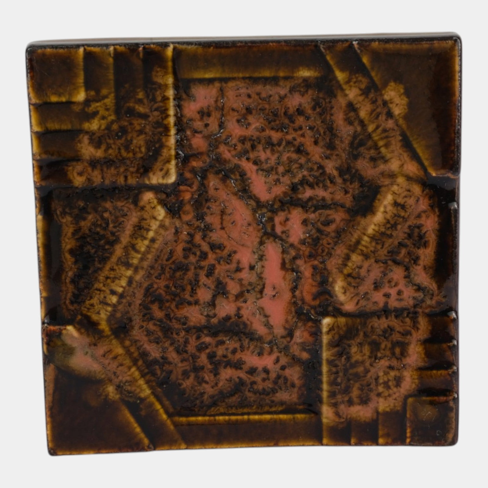 Motawi Tileworks Pottery Mottled Brown & Peach Geometric Ceramic Glaze Test Tile: Professional, fast, and affordable in house shipping available for all items.For higher resolution images please visit www.bid.craftedauctions.com Motawi Tileworks Pottery Mottled Brown & Peach Geomet