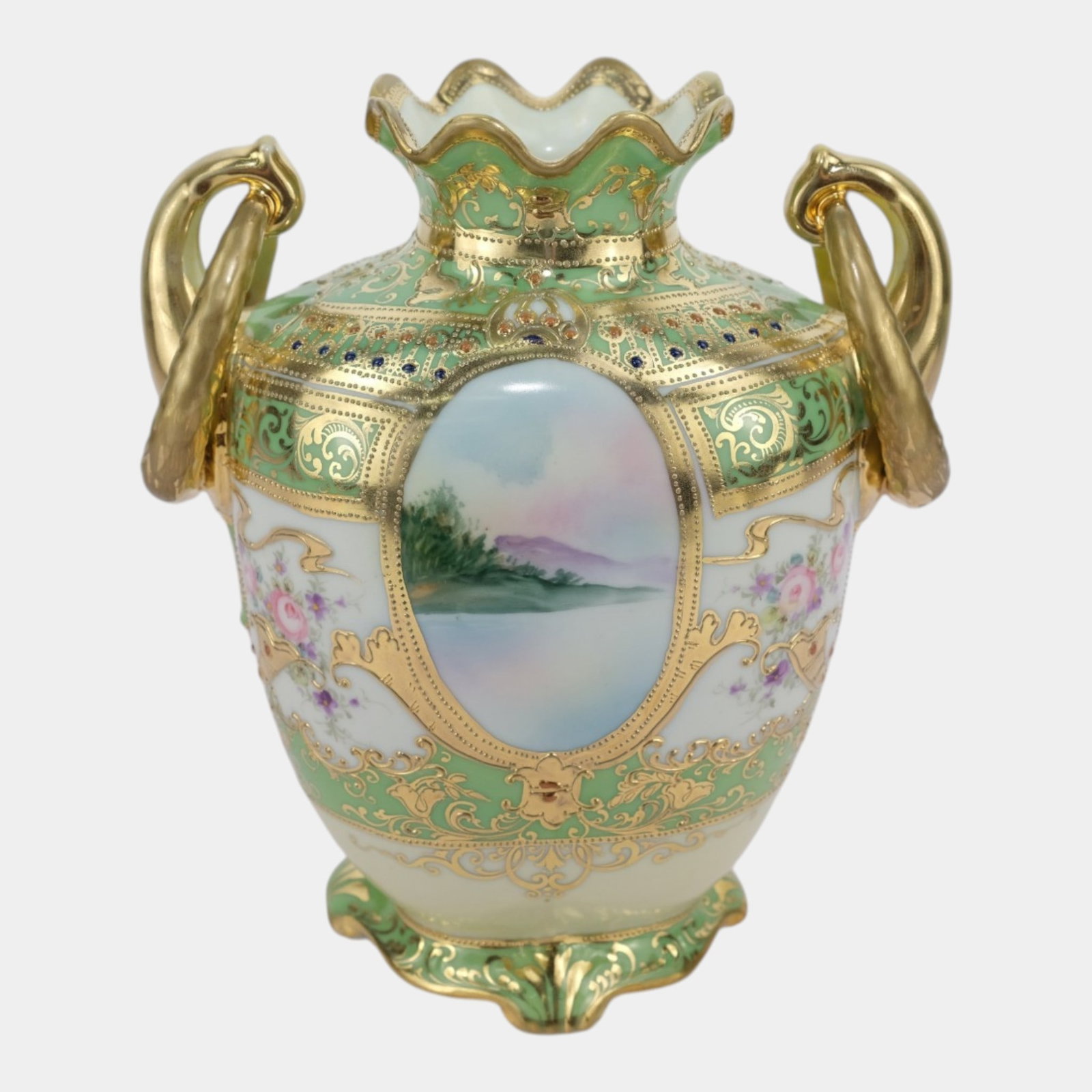 Nippon Japanese Early 20th Century Hand Painted Gold Gilt Scenic Panel Porcelain Vase (1 of 6)