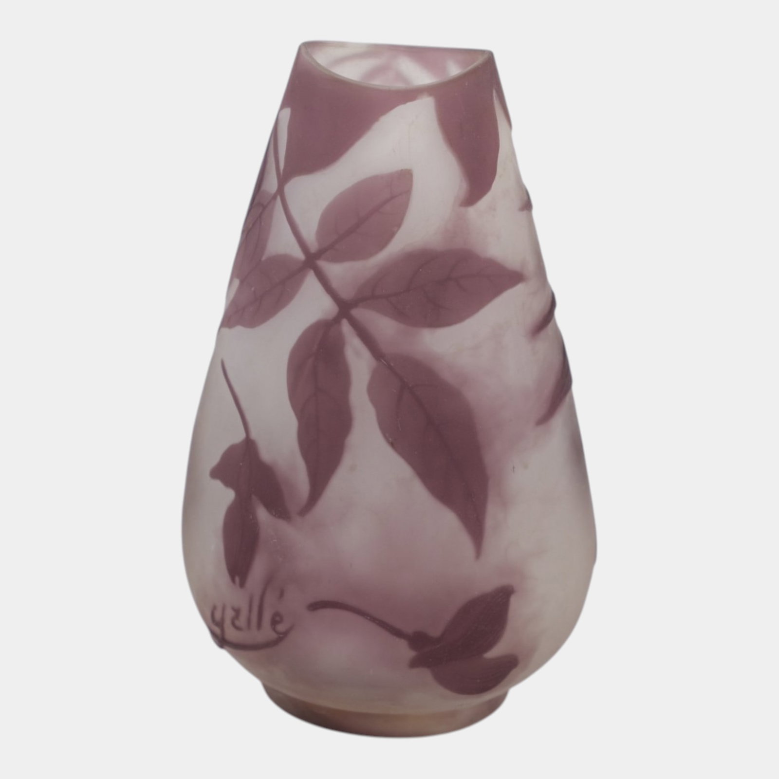 Galle Early 1900s French Art Nouveau Purple & White Leaf & Branch Decorated Cameo Art Glass Vase: Professional, fast, and affordable in house shipping available for all items.For higher resolution images please visit www.bid.craftedauctions.com Galle Early 1900s French Art Nouveau Purple & Whi