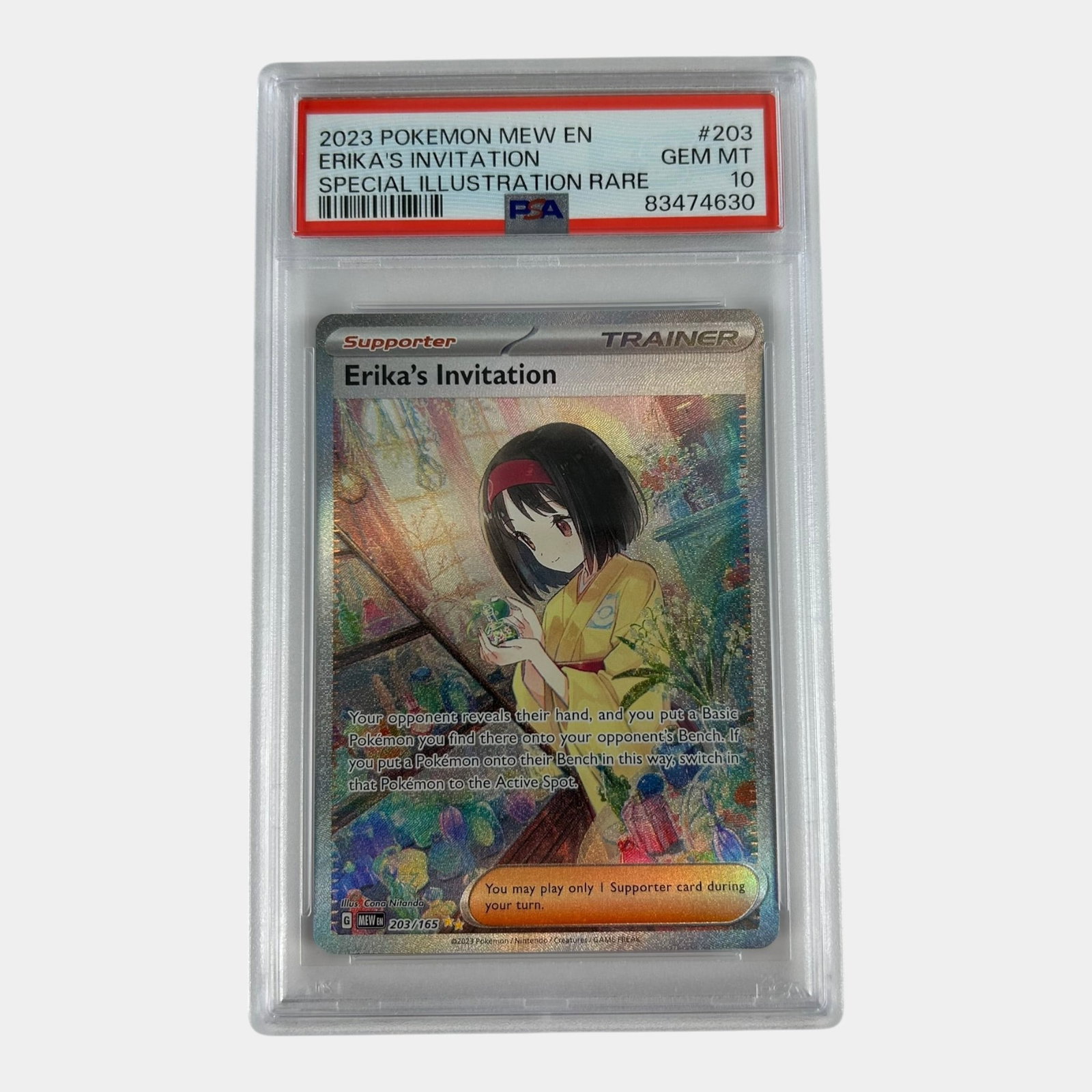 Erika's Invitation 203/165 PSA 10 Pokemon 151 Scarlet & Violet Special Illustration Rare SIR Graded: Professional, fast, and affordable in house shipping available for all items.For higher resolution images please visit www.bid.craftedauctions.com Erika's Invitation 203/165 PSA 10 Pokemon 151 Scarlet