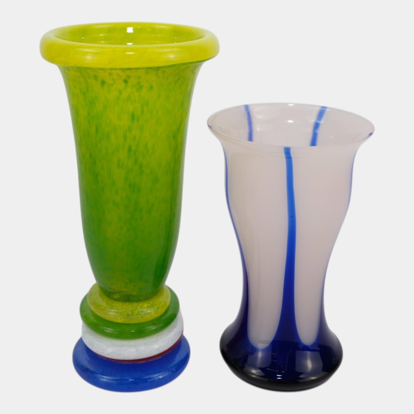 Ivan Stefanik Czechoslovakia Mid Century Modern Green Spatter Glass Vase & White Blue Baluster Vase: Professional, fast, and affordable in house shipping available for all items.For higher resolution images please visit www.bid.craftedauctions.com Ivan Stefanik Czechoslovakia Mid Century Modern Green