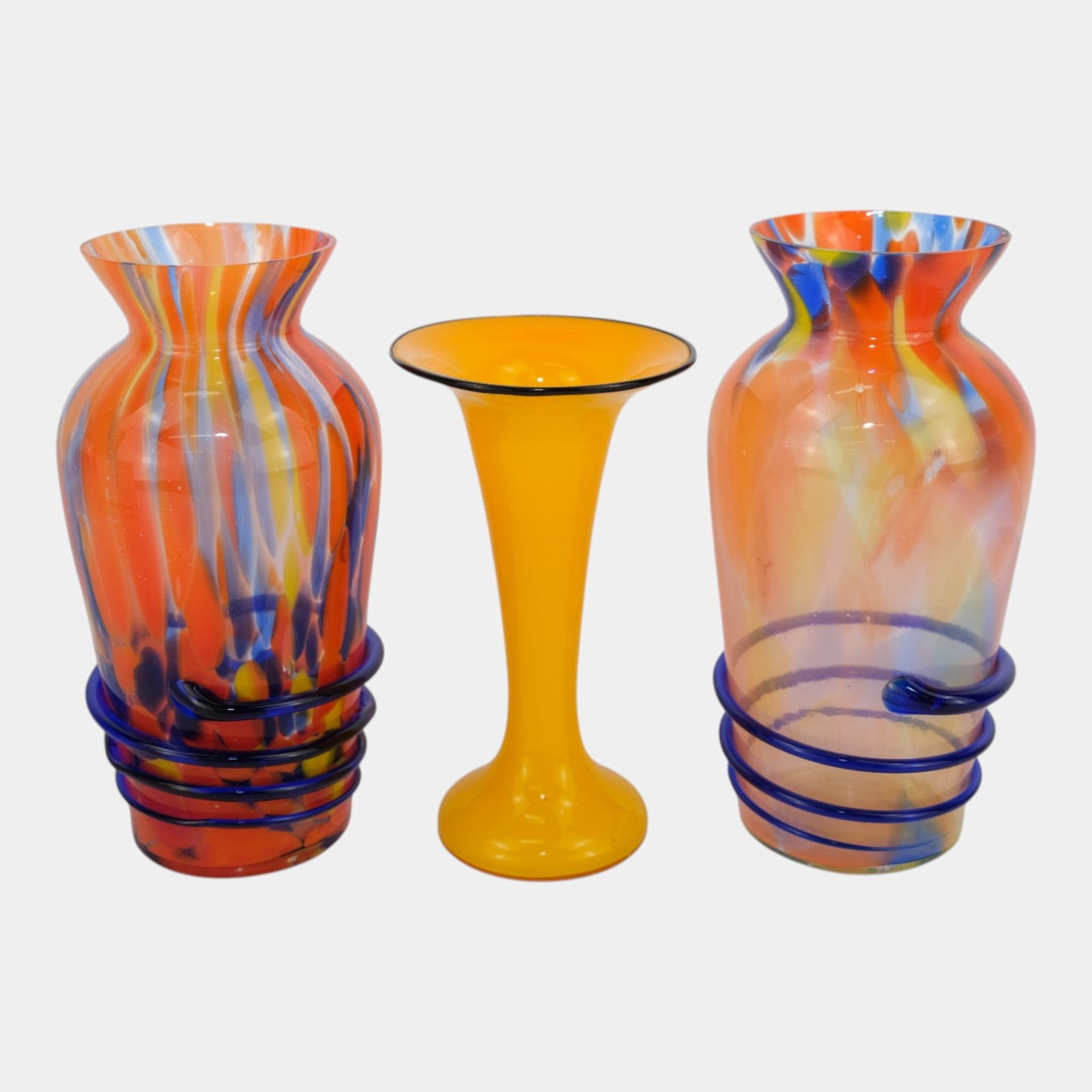 Czech Bohemian Art Deco Orange Spatterware & Threaded Art Glass Vases With Orange Tango Glass Vase: Professional, fast, and affordable in house shipping available for all items.For higher resolution images please visit www.bid.craftedauctions.com Czech Bohemian Art Deco Orange Spatterware & Threaded