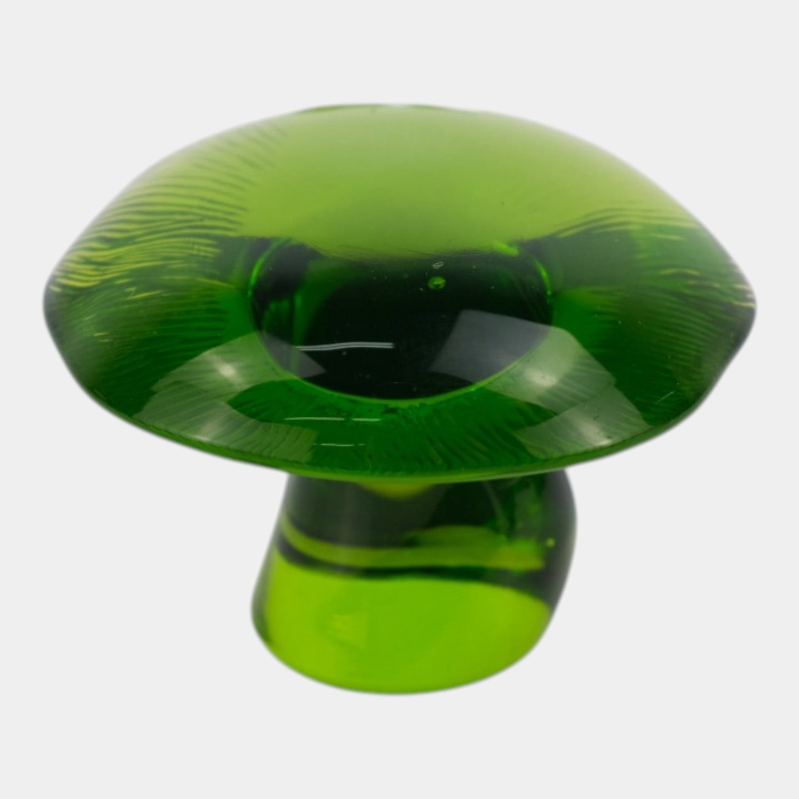 Viking Glass Mid Century Modern Dark Green Stem And Ribbed Cap Mushroom Glass Paperweight: Professional, fast, and affordable in house shipping available for all items.For higher resolution images please visit www.bid.craftedauctions.com Viking Glass Mid Century Modern Dark Green Stem And R