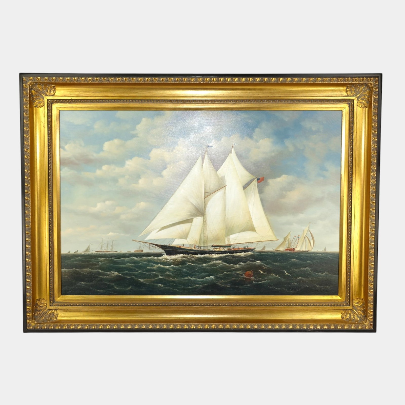 20th Century Framed Oil On Canvas Painting White Sailing Schooner At Sea Coastal Marine Landscape (1 of 7)