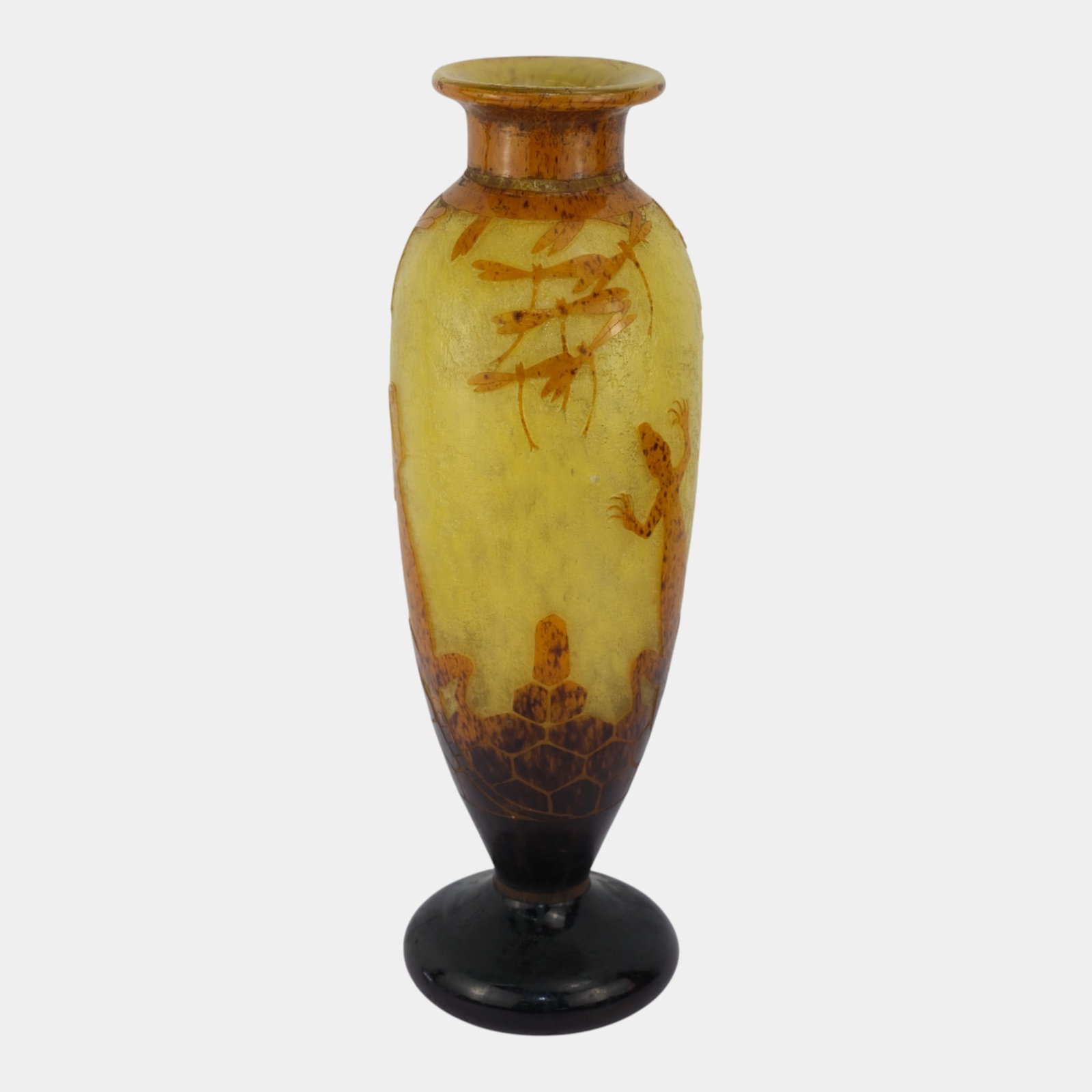 Schneider Le Verre Francais 1920s Yellow Lizard Dragonfly Cameo Glass Vase - 2