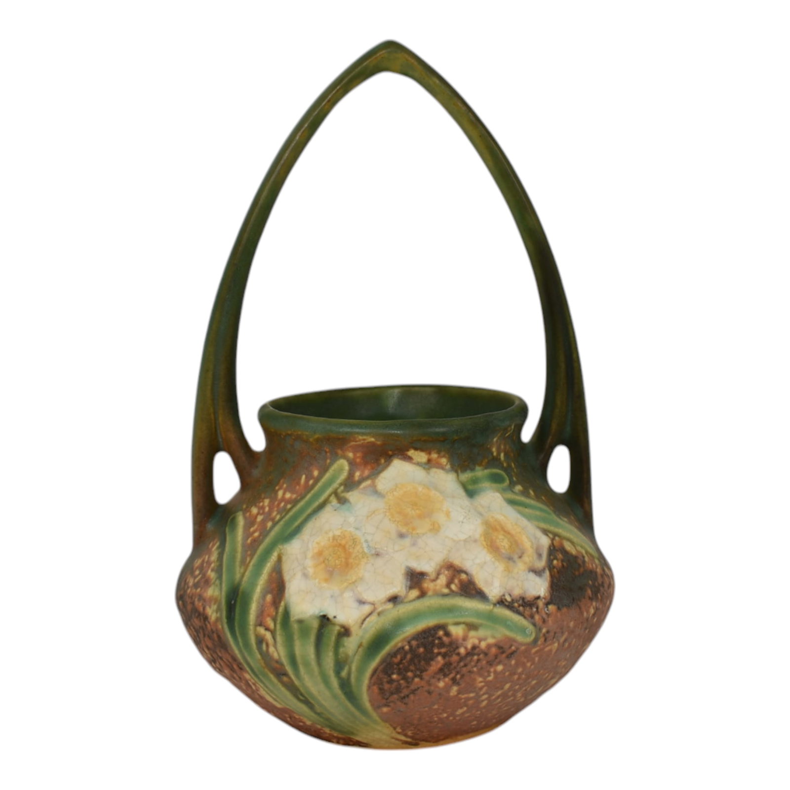 Roseville Jonquil 1931 Vintage Arts And Crafts Pottery Brown Basket 324-8: Professional, fast, and affordable in house shipping available for all items.For higher resolution images please visit bid.craftedauctions.com Roseville Jonquil 1931 Vintage Arts And Crafts Pottery Br