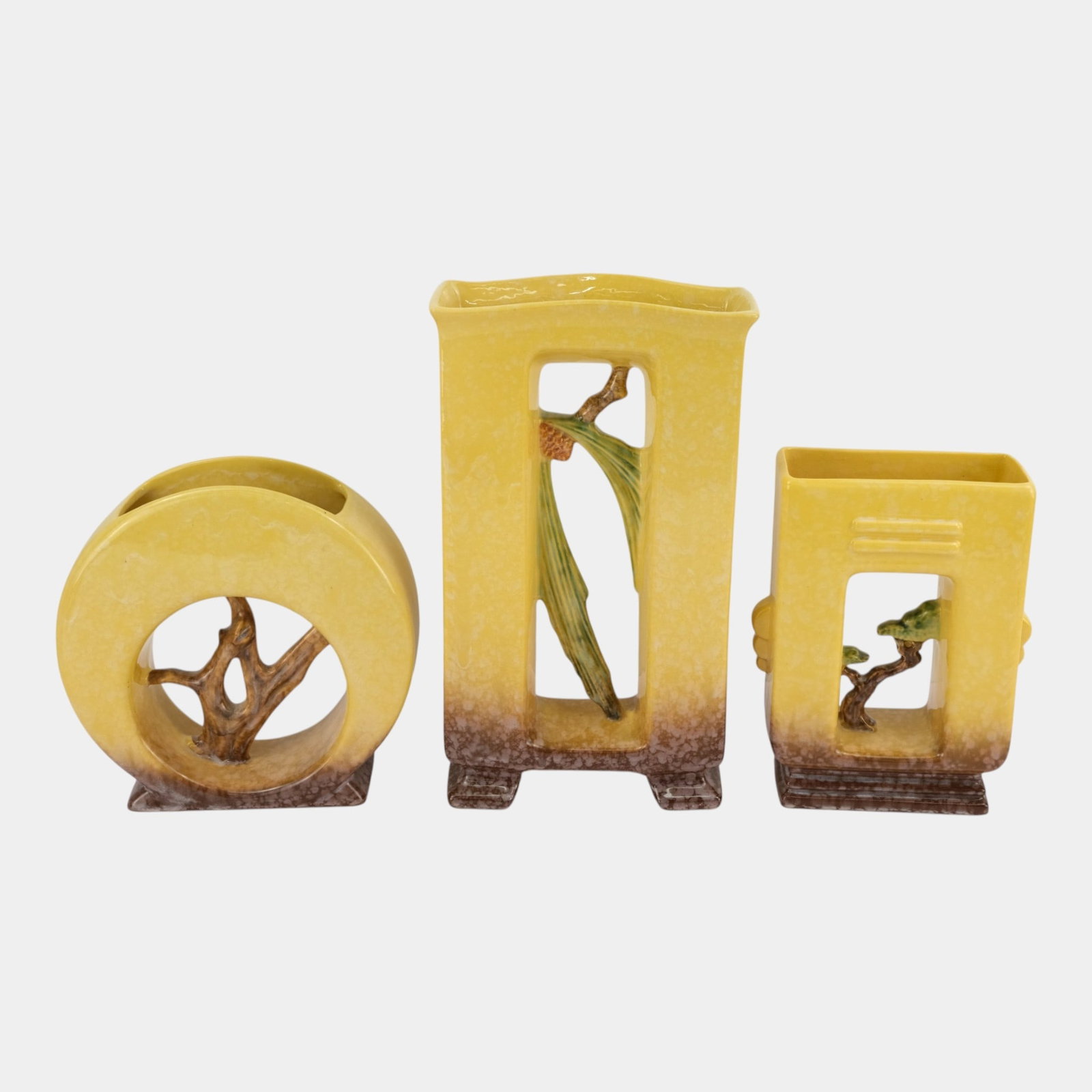 Roseville Artwood Yellow 1951 Mid Century Modern Art Pottery Planter Vase 1052-8, 1060-12, & 1053-8: Professional, fast, and affordable in house shipping available for all items.For higher resolution images please visit bid.craftedauctions.com Roseville Artwood Yellow 1951 Mid Century Modern Art Pott