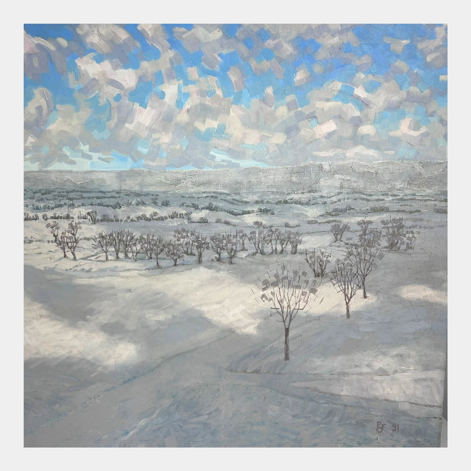 Signed Contemporary Impressionist Winter Landscape Panoramic Oil Painting Snow Covered Orchard: Professional, fast, and affordable in house shipping available for all items.For higher resolution images please visit bid.craftedauctions.com Signed Contemporary Impressionist Winter Landscape Panora