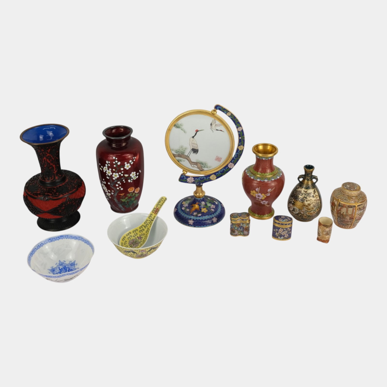 Asian Cloisonne Crane Rotating Silk Embroidery, Cinnabar Snuff Bottles, Porcelain Vases Collection (1 of 5)