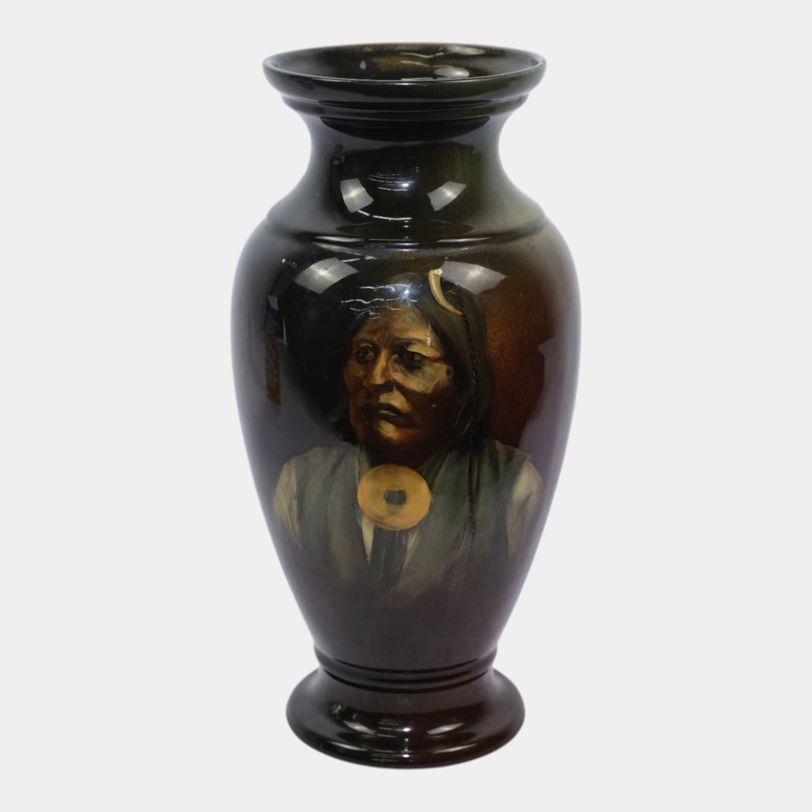 Owens Lightweight 1900s Art Pottery Hand Painted Native American Woman Baluster Form Vase: Professional, fast, and affordable in house shipping available for all items.For higher resolution images please visit bid.craftedauctions.com Owens Lightweight 1900s Art Pottery Hand Painted Native A