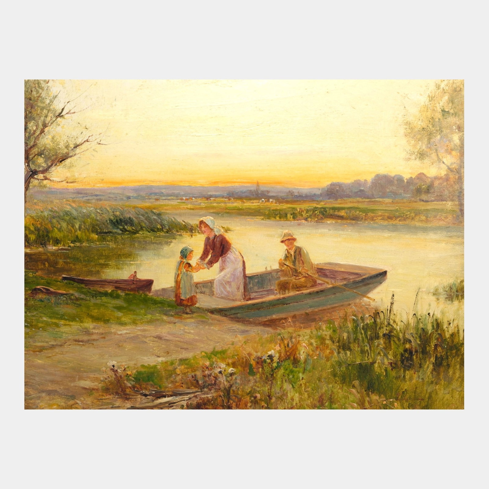 Ernest Walbourn (English, 1872-1927) "The Ferry" Scenic Women And Children River Rowboat Oil On - 6