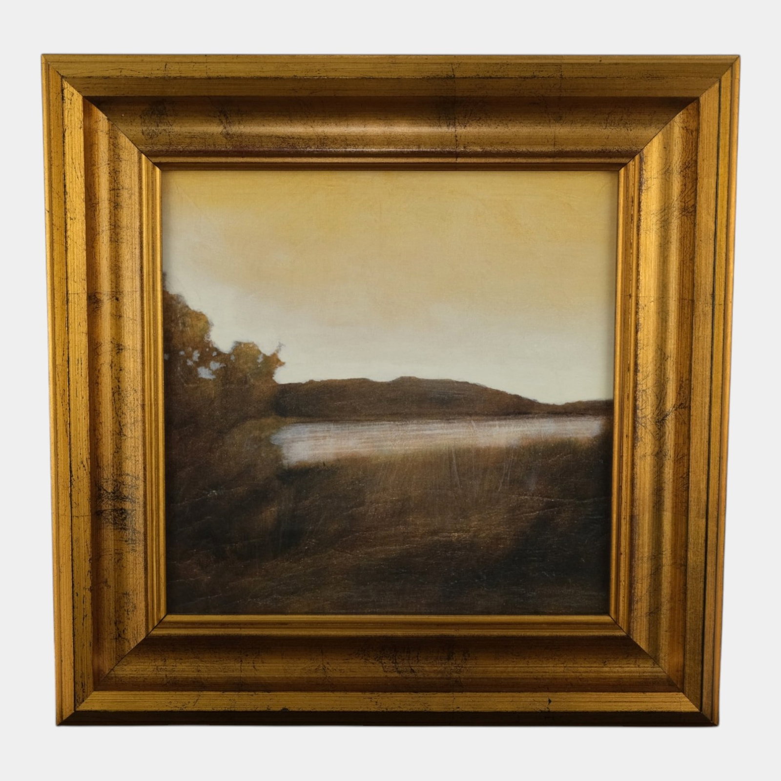 Contemporary Tonalist Lake Landscape Oil On Canvas Painting In Rustic Gold Wood Frame: Professional, fast, and affordable in house shipping available for all items.For higher resolution images please visit bid.craftedauctions.com Contemporary Tonalist Lake Landscape Oil On Canvas Painti
