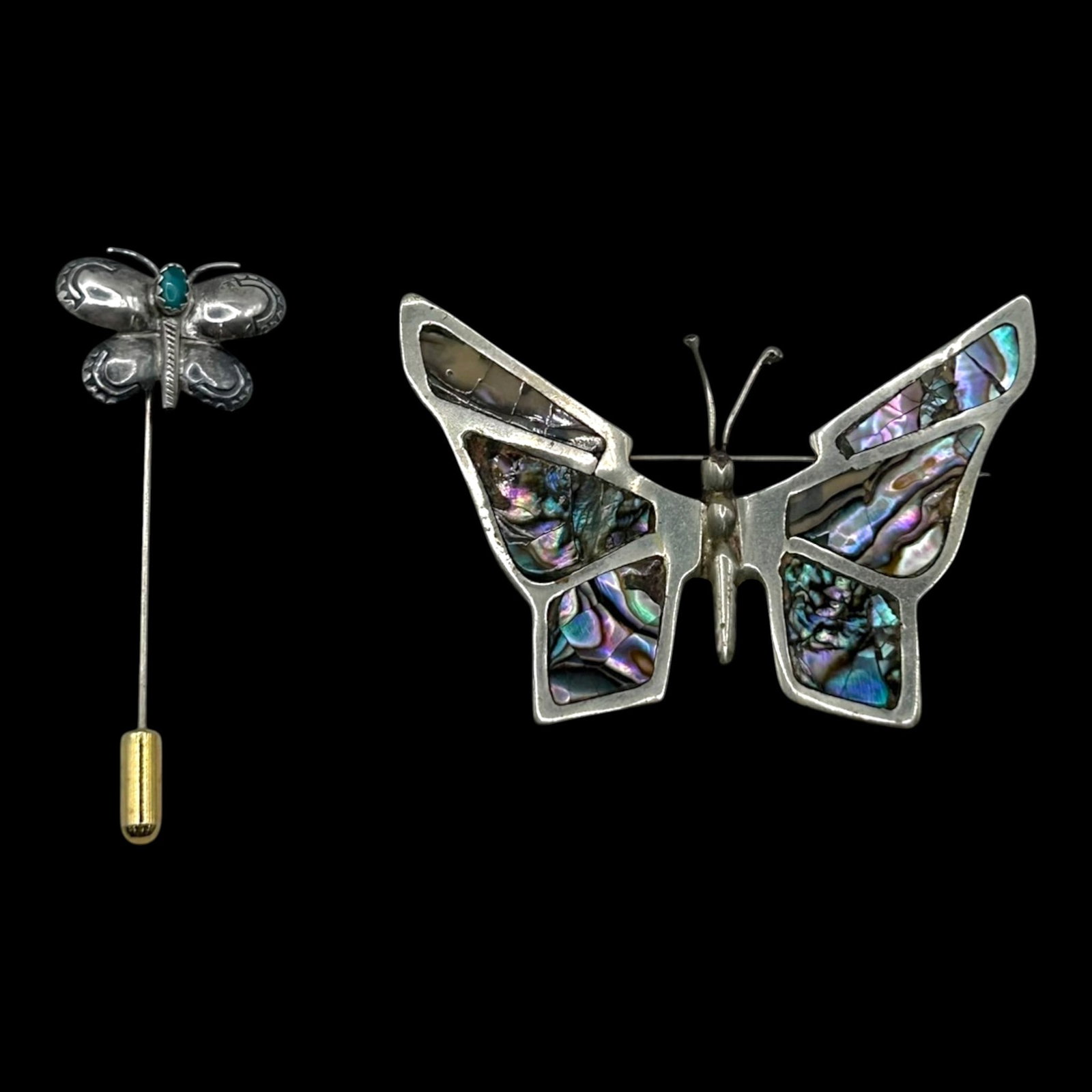 Mexico Sterling Silver Abalone Inlay Butterfly Brooch & Dragonfly Stick Pin Jewelry Set Vintage: Professional, fast, and affordable in house shipping available for all items.For higher resolution images please visit bid.craftedauctions.com Colorfully crafted sterling silver jewelry set featuring 