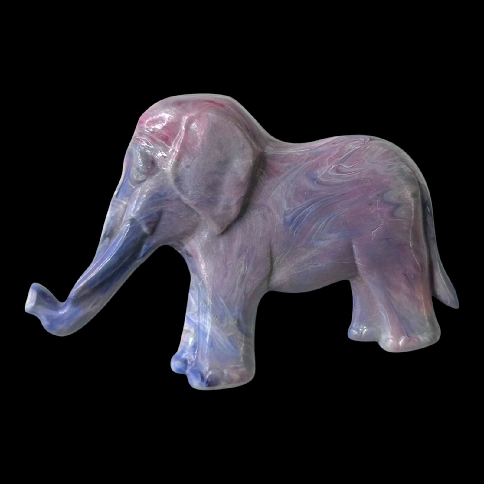 Mid Century Marbled Lucite Elephant Figural Brooch Purple Blue Swirl Carved Costume Jewelry Pin: Professional, fast, and affordable in house shipping available for all items.For higher resolution images please visit bid.craftedauctions.com Playfully sculpted vintage marbled Lucite elephant brooch