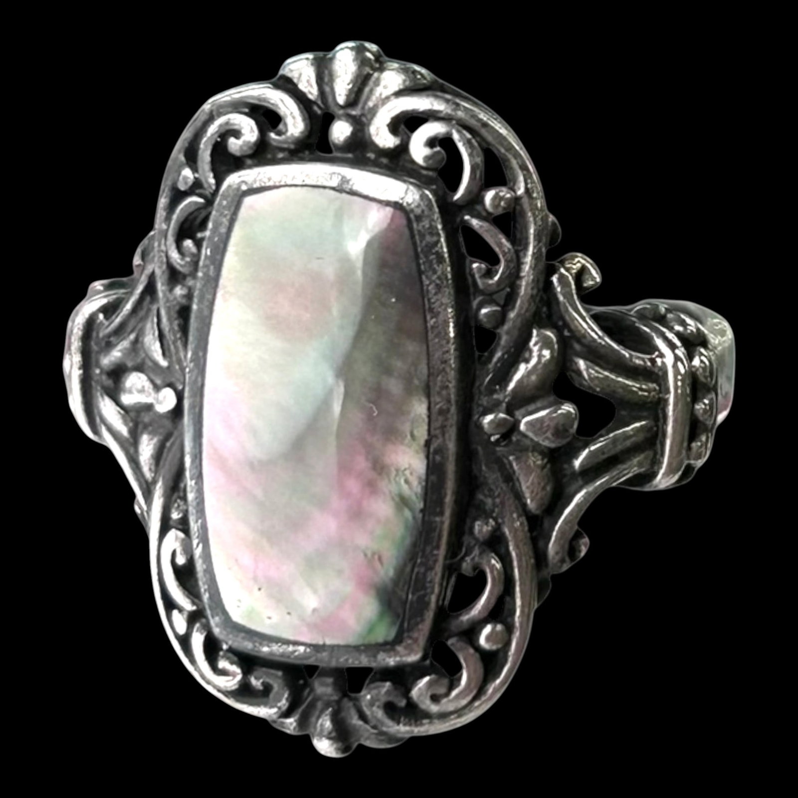 Sterling Silver Vintage Ornate Scrollwork Framed Black Mother Of Pearl Statement Ring Size 7.5: Professional, fast, and affordable in house shipping available for all items.For higher resolution images please visit bid.craftedauctions.com Elegantly crafted, this vintage sterling silver ring feat