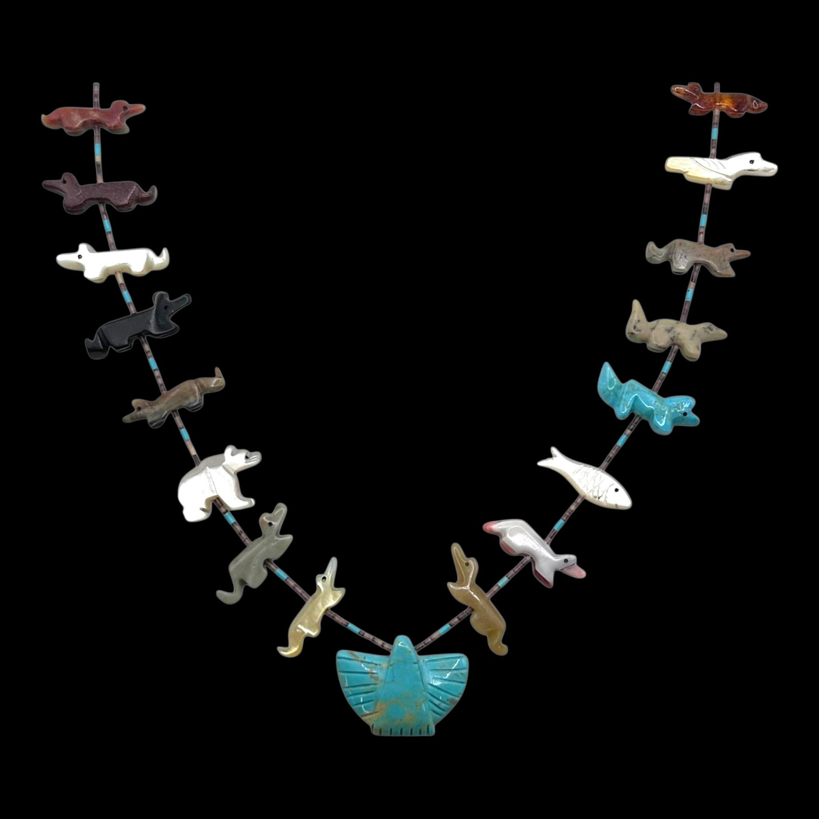 Native American Multi Stone Fetish Dog, Fish, Bird, Bear Heishi Bead Necklace With Turquoise Eagle (1 of 3)