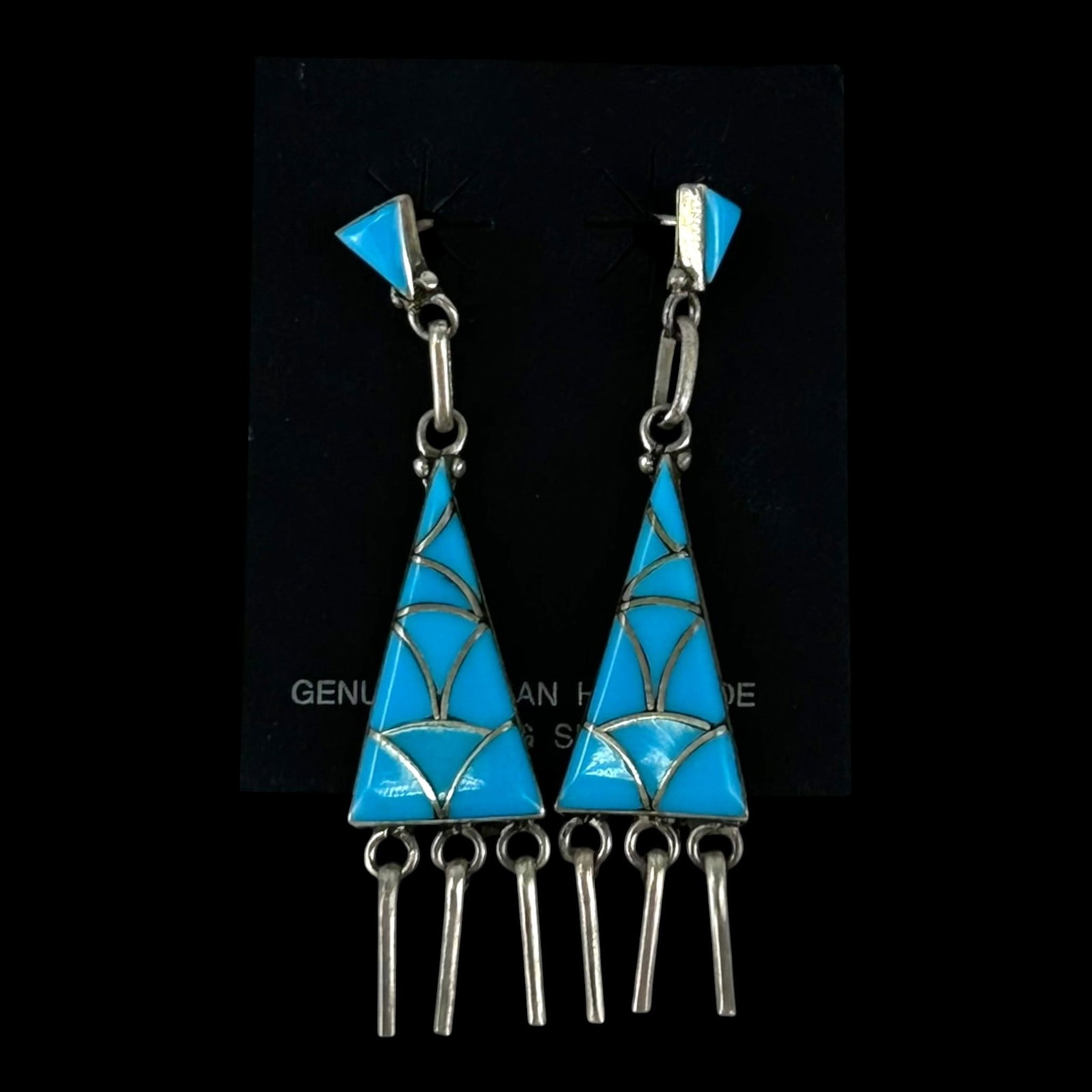 Ben Boyd Navajo Sterling Silver Turquoise Inlay Dangle Earrings With Fringe Drops Design: Professional, fast, and affordable in house shipping available for all items.For higher resolution images please visit bid.craftedauctions.com Boldly handcrafted, these Ben Boyd Navajo sterling silver