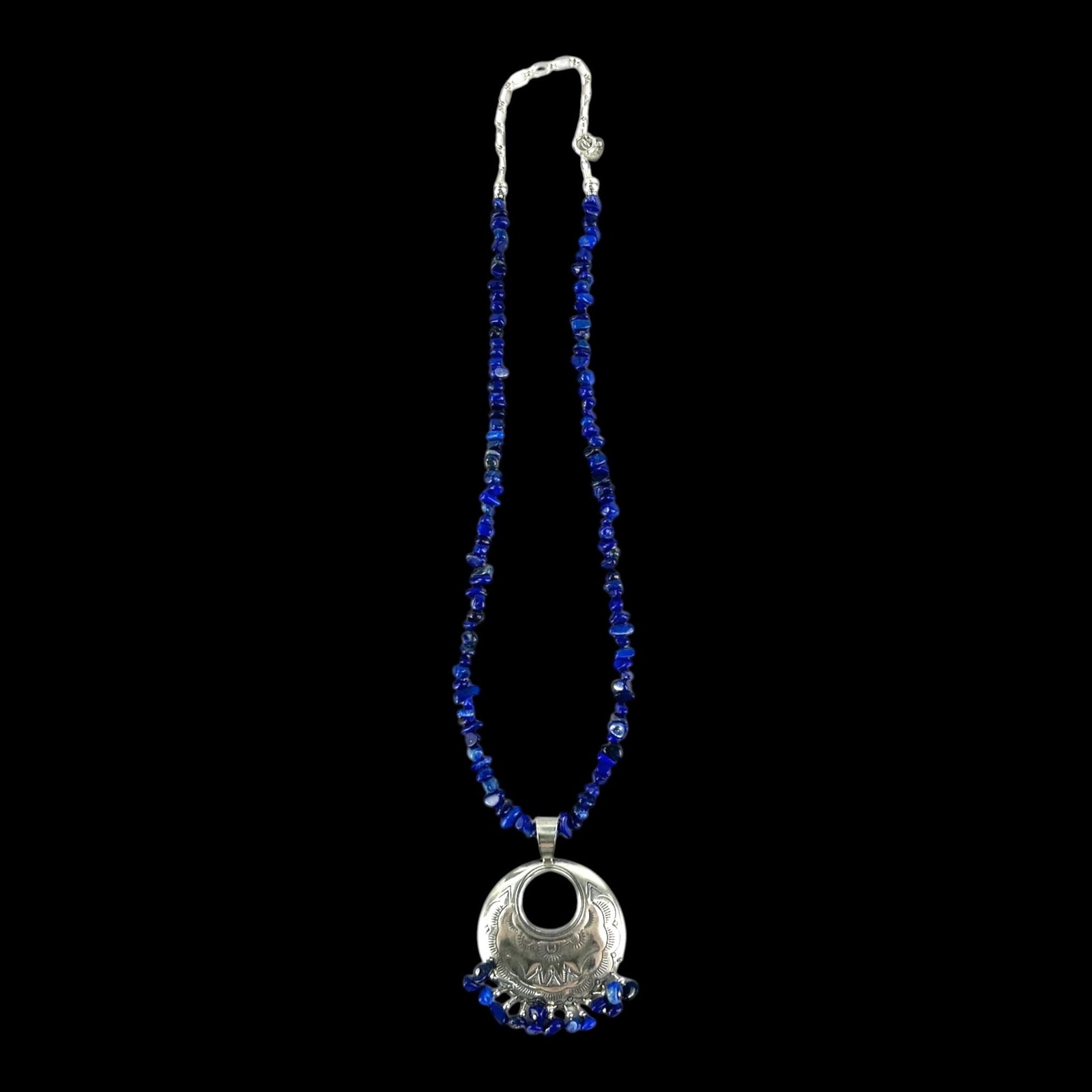 Sterling Silver Lapis Lazuli Beaded Necklace With Ornate Crescent Pendant And Dangle Beads: Professional, fast, and affordable in house shipping available for all items.For higher resolution images please visit bid.craftedauctions.com Boldly handcrafted, this sterling silver necklace feature