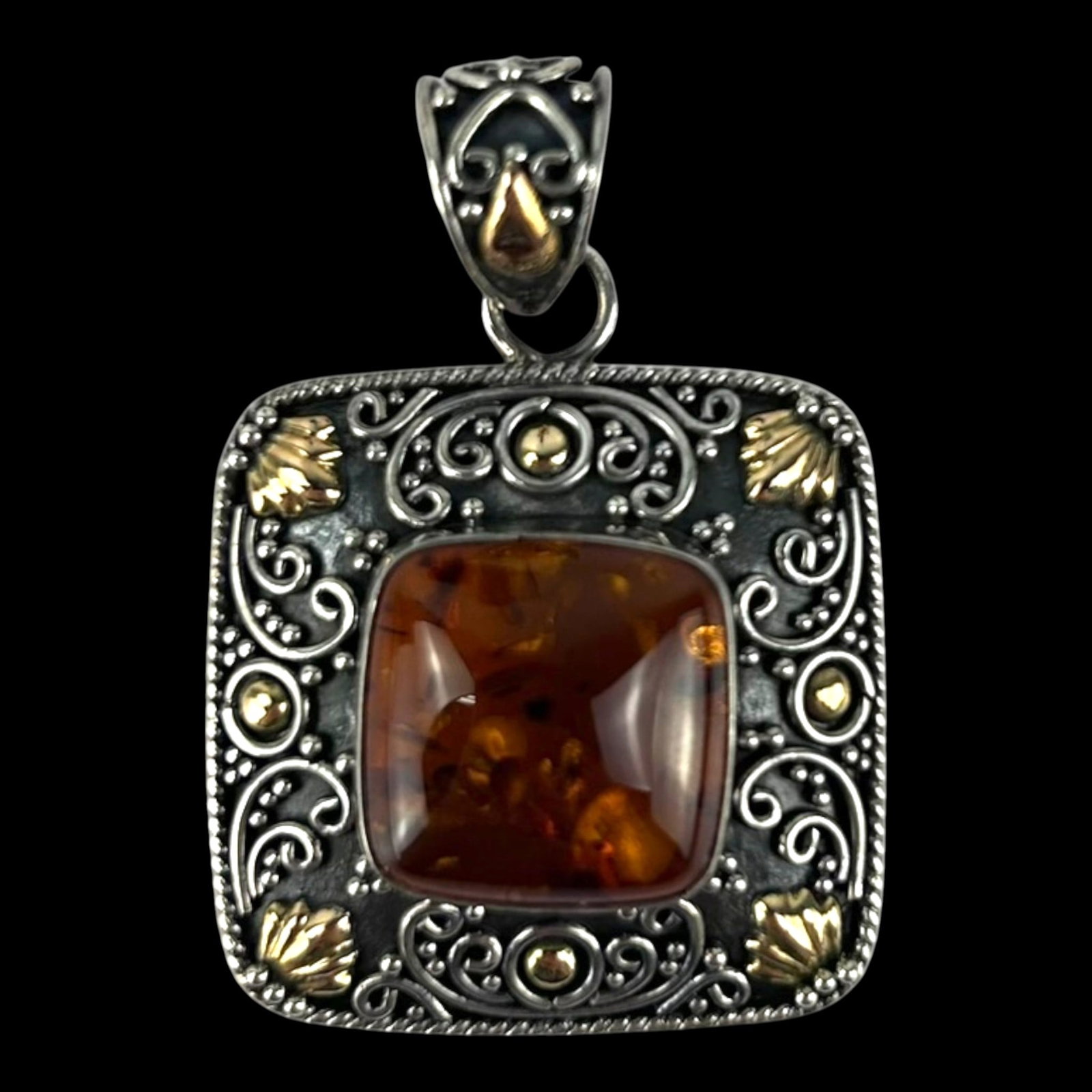 Desak Suarti Sterling Silver With 18K Accents Amber Cabochon Scrollwork Square Statement Pendant (1 of 3)