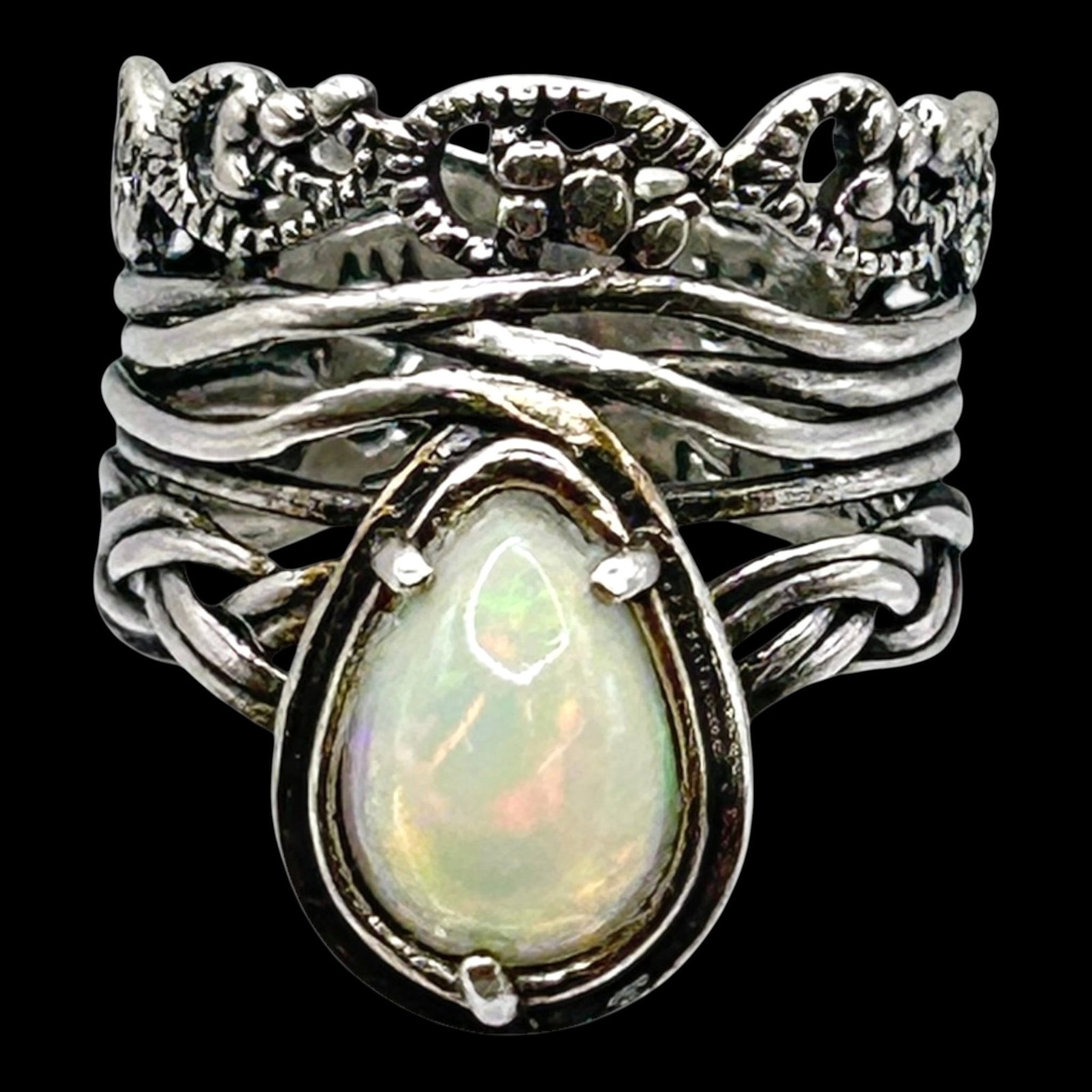 Paz Creations Israel Sterling Silver 925 Ethiopian Opal Ring Set With Ornate Stackable Bands And: Professional, fast, and affordable in house shipping available for all items.For higher resolution images please visit bid.craftedauctions.com Elegantly layered, this sterling silver ring set features