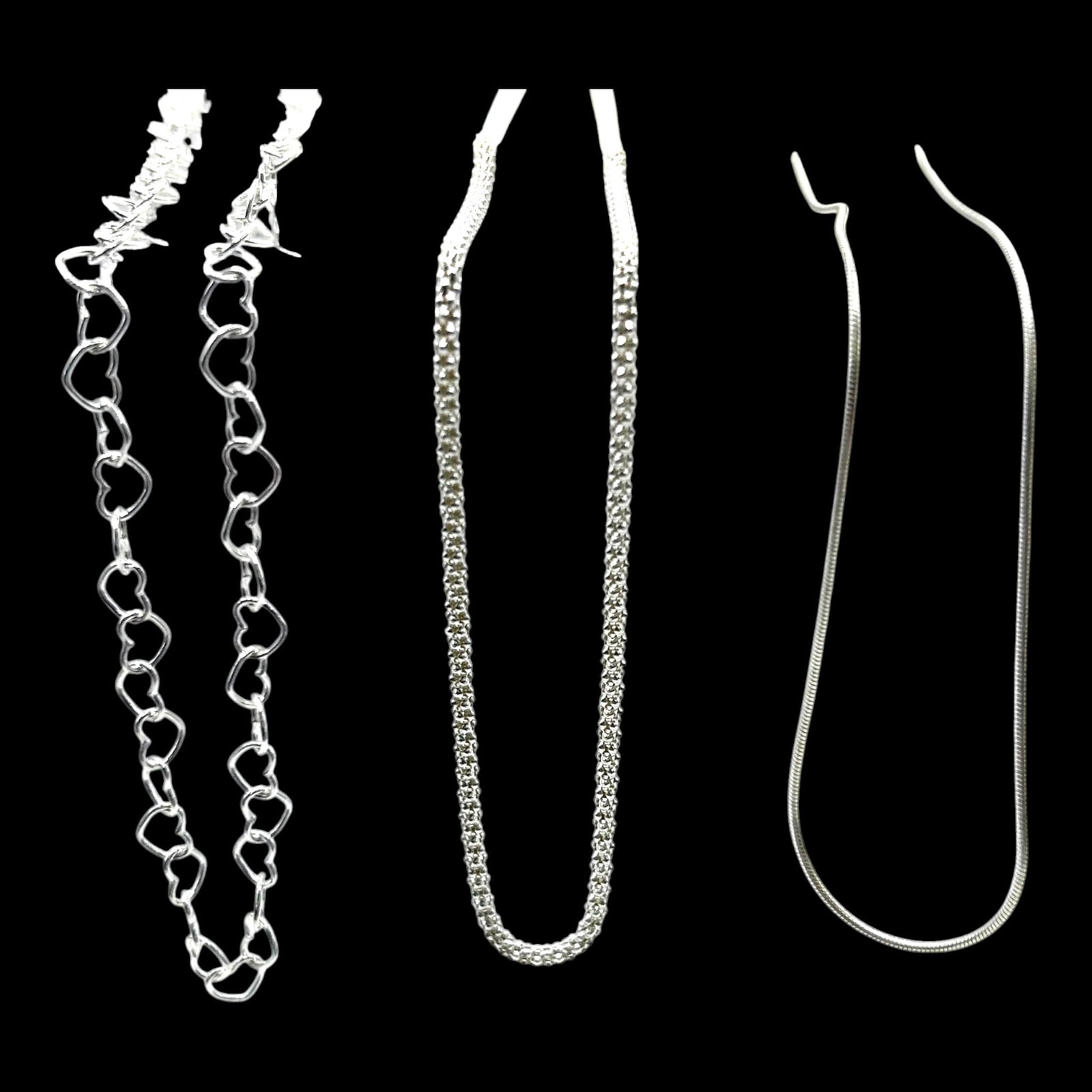 Sterling Silver Necklace Collection Heart Link Cuban Link & Snake Chain Estate Jewelry Trio: Professional, fast, and affordable in house shipping available for all items.For higher resolution images please visit bid.craftedauctions.com Versatile sterling silver necklace trio featuring open he