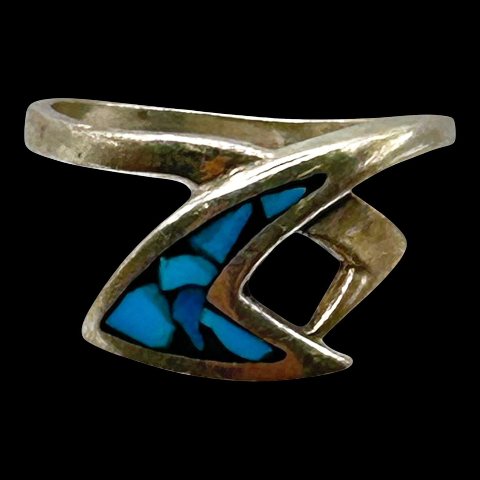Sterling Silver Turquoise Mosaic Inlay Modernist Bypass Ring With Geometric Open Design: Professional, fast, and affordable in house shipping available for all items.For higher resolution images please visit bid.craftedauctions.com Boldly sculptural, this sterling silver bypass ring featu