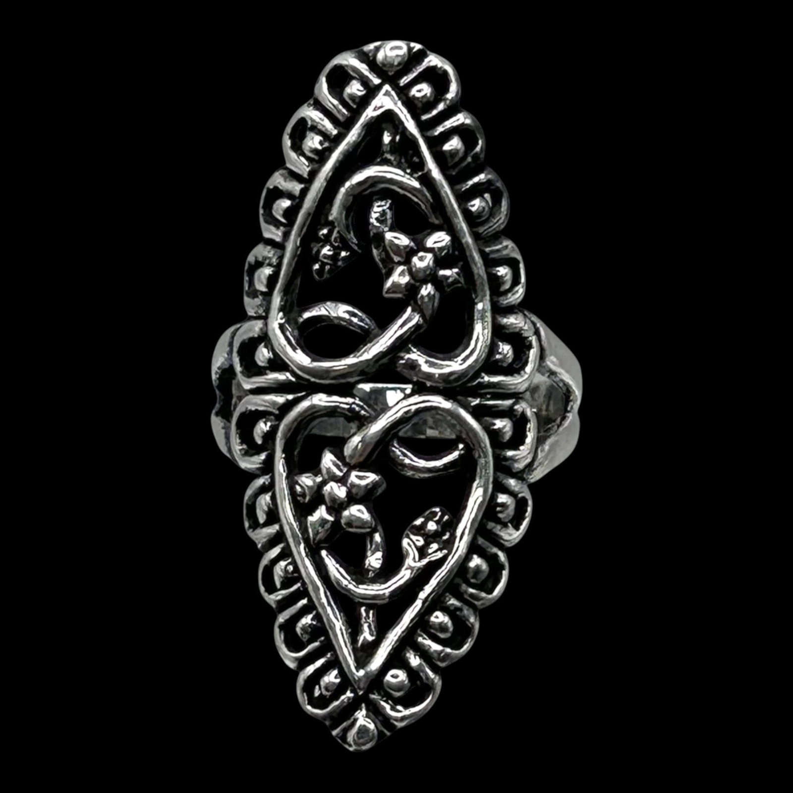 Sterling Silver Openwork Double Heart Floral Ring With Ornate Pierced Victorian Revival Design: Professional, fast, and affordable in house shipping available for all items.For higher resolution images please visit bid.craftedauctions.com Delicately pierced, this sterling silver ring features in