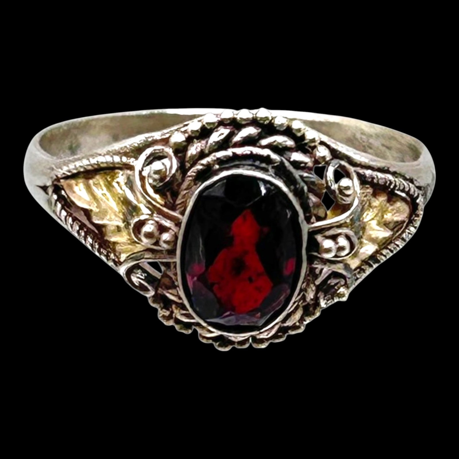 Sterling Silver Garnet Ring With Vermeil Leaf Accents And Ornate Scrollwork Shoulder Design (1 of 4)