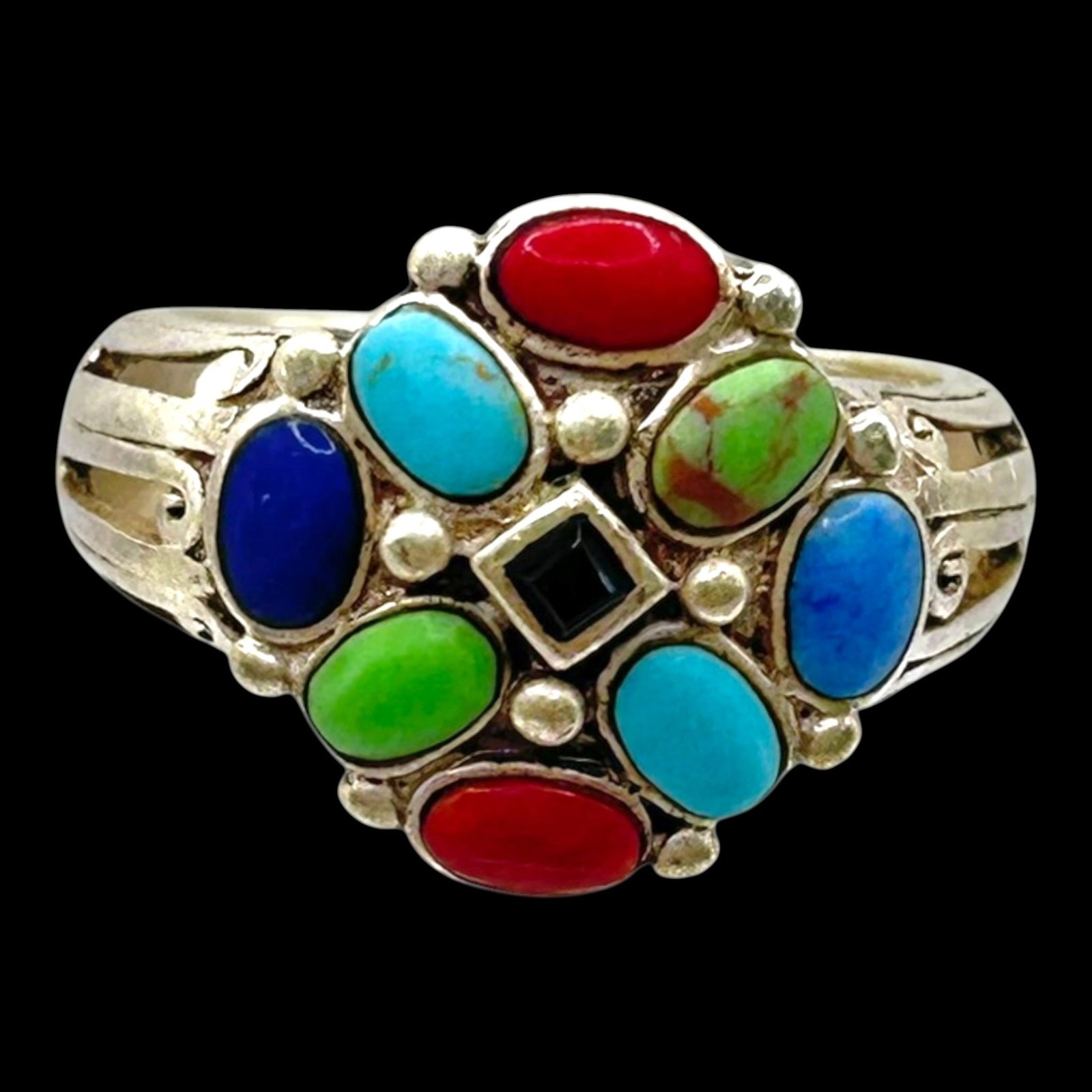 Sterling Silver Multi Stone Inlay Cluster Ring With Turquoise Coral Lapis Onyx And Gaspeite: Professional, fast, and affordable in house shipping available for all items.For higher resolution images please visit bid.craftedauctions.com Colorfully handcrafted, this sterling silver ring feature