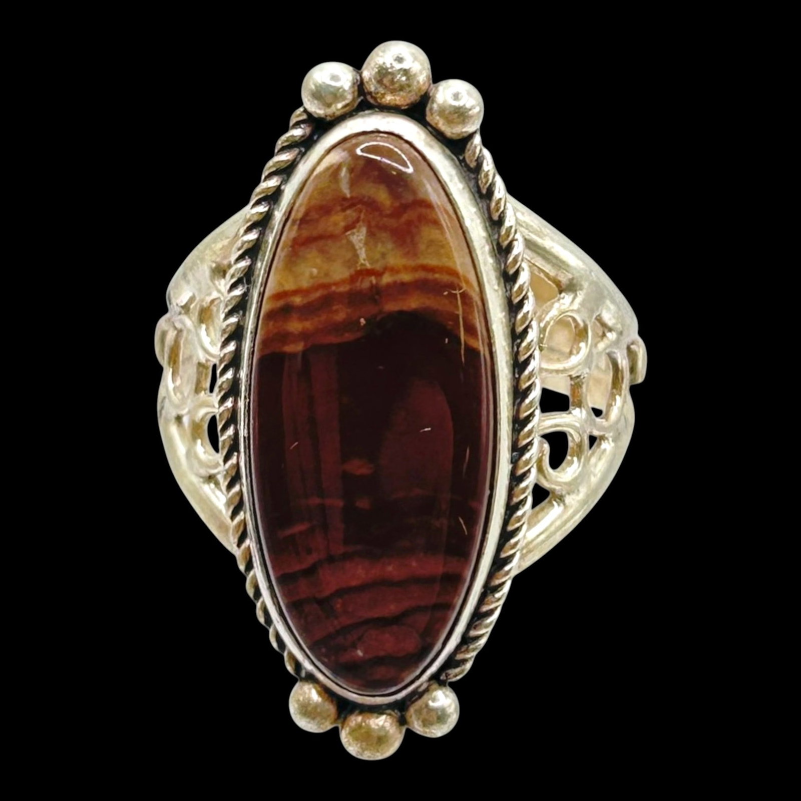 M. Fowler Native American Sterling Silver Noreena Jasper Ring With Ornate Openwork Shoulders And: Professional, fast, and affordable in house shipping available for all items.For higher resolution images please visit bid.craftedauctions.com Richly patterned, this sterling silver ring features an e