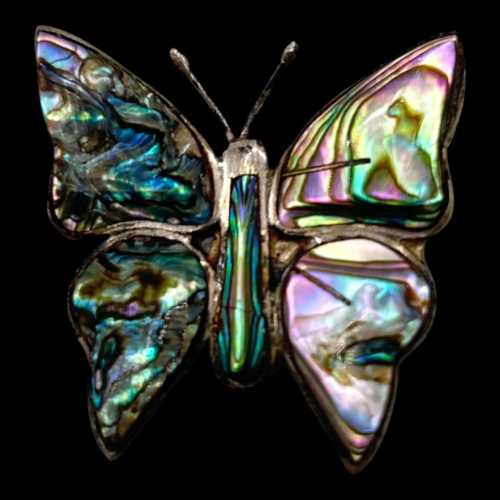 Taxco Mexico Sterling Silver Abalone Shell Butterfly Brooch With Iridescent Mosaic Inlay Figural: Professional, fast, and affordable in house shipping available for all items.For higher resolution images please visit bid.craftedauctions.com Vividly iridescent, this sterling silver butterfly brooch