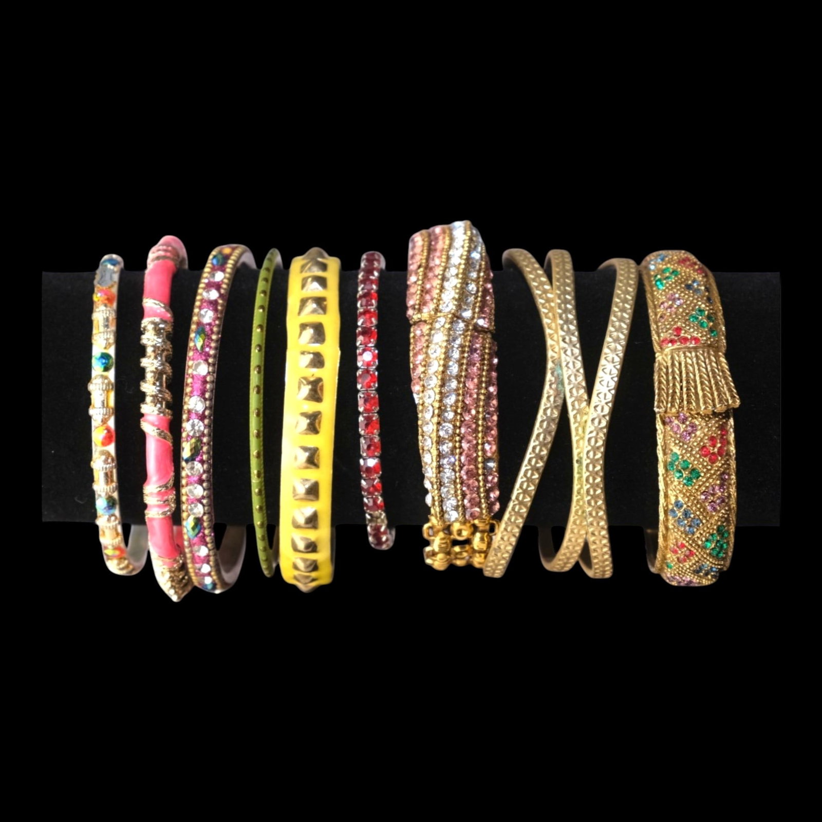 Vintage Rhinestone Enamel Gold Tone Bangle Bracelet & Cuff Collection Costume Jewelry Lot: Professional, fast, and affordable in house shipping available for all items.For higher resolution images please visit bid.craftedauctions.com Colorful vintage costume jewelry lot featuring rhinestone