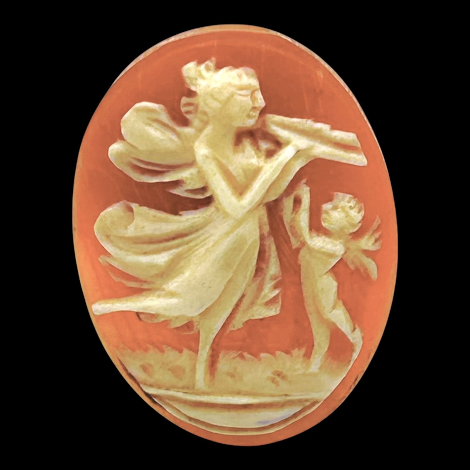 Hand Carved Shell Cameo Lady Playing Flute With Cherub Unframed Jewelry Component Relief Scene: Professional, fast, and affordable in house shipping available for all items.For higher resolution images please visit bid.craftedauctions.com Beautifully hand carved, this unframed shell cameo depict