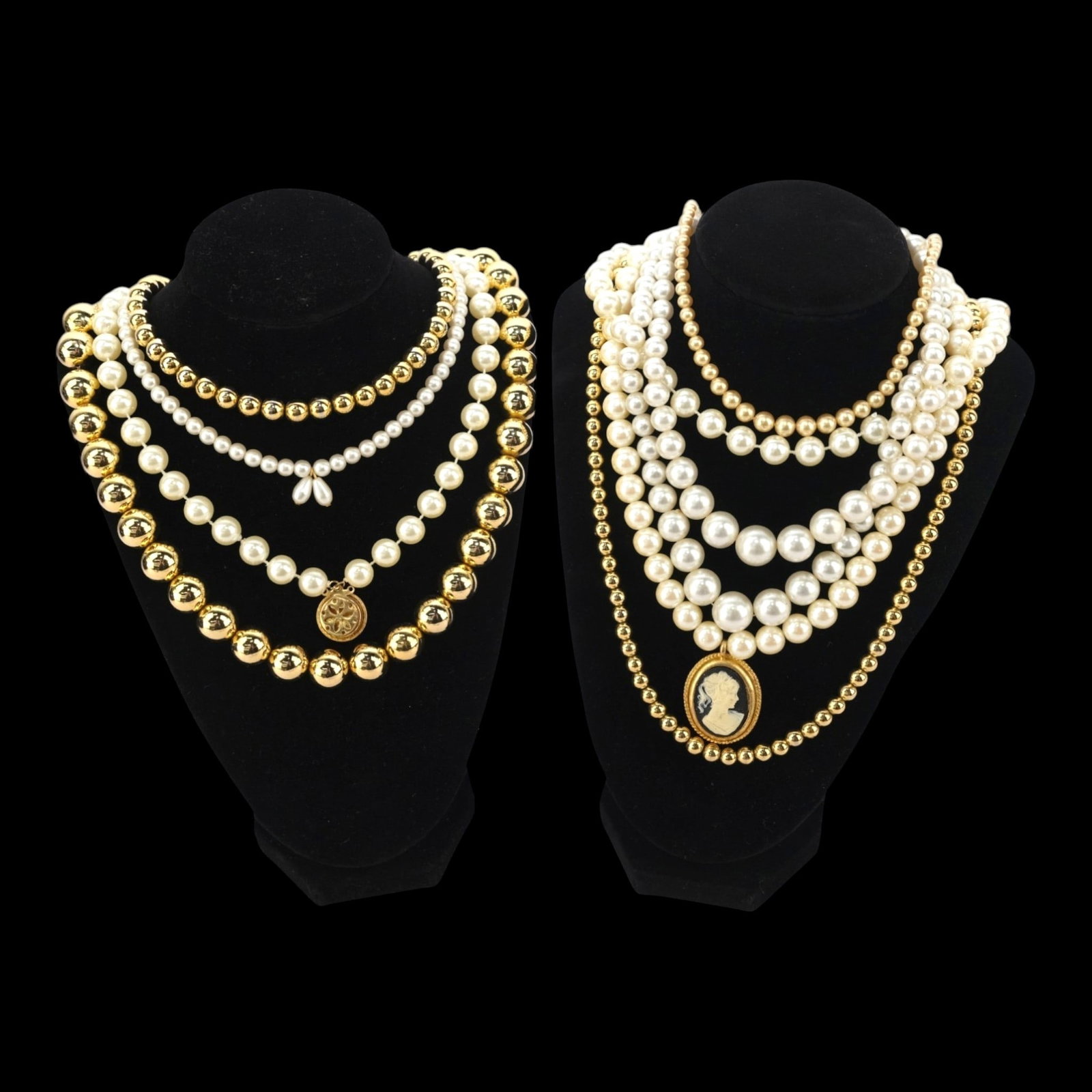Faux Pearl Gold Tone Beaded Necklace Collection Cameo Medallion Fashion Jewelry Mixed Lot: Professional, fast, and affordable in house shipping available for all items.For higher resolution images please visit bid.craftedauctions.com Fashion jewelry necklace collection featuring faux pearl 