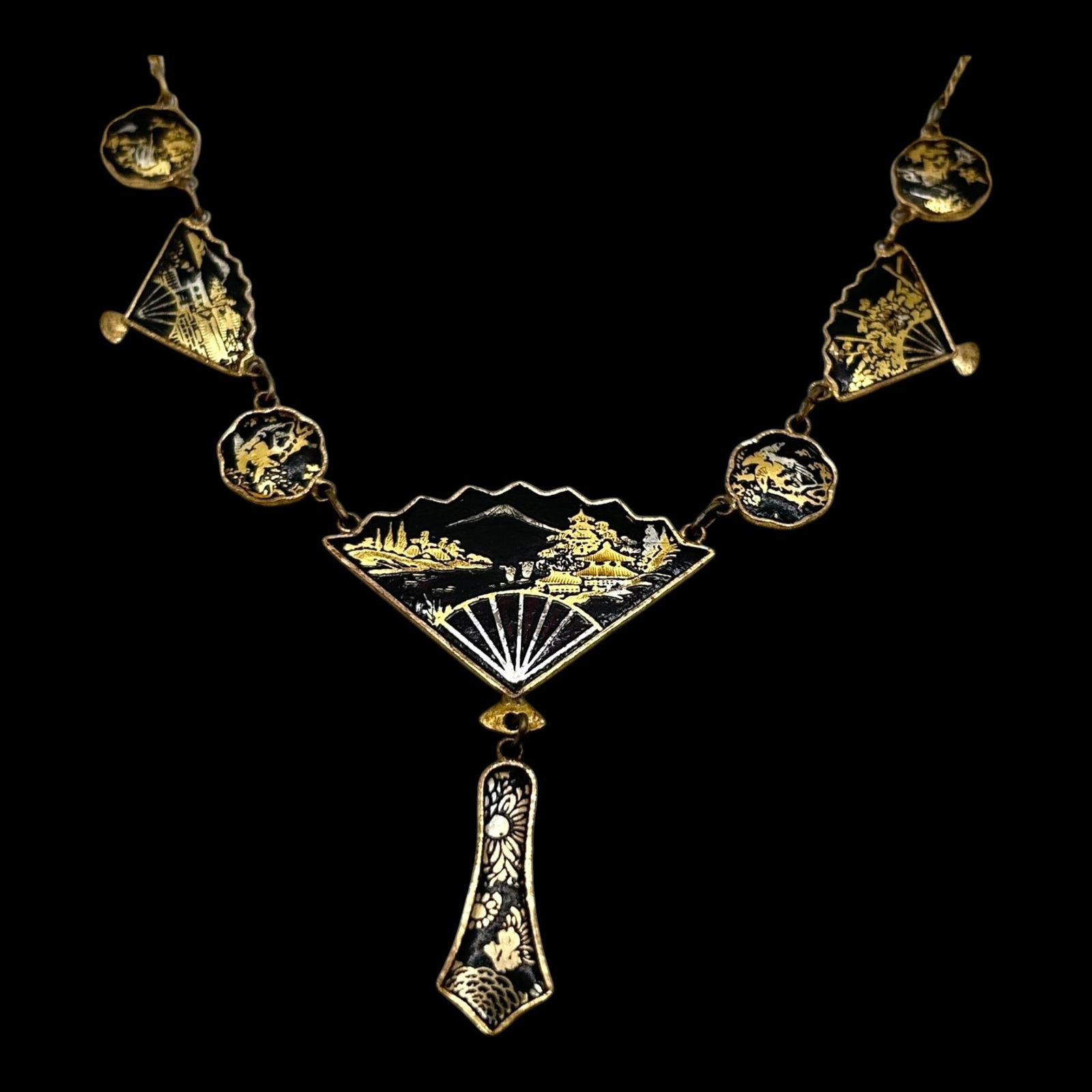 Japanese Damascene Black & 24K Gold Inlay Scenic Fan Panel Necklace With Geometric Drop Pendant (1 of 3)