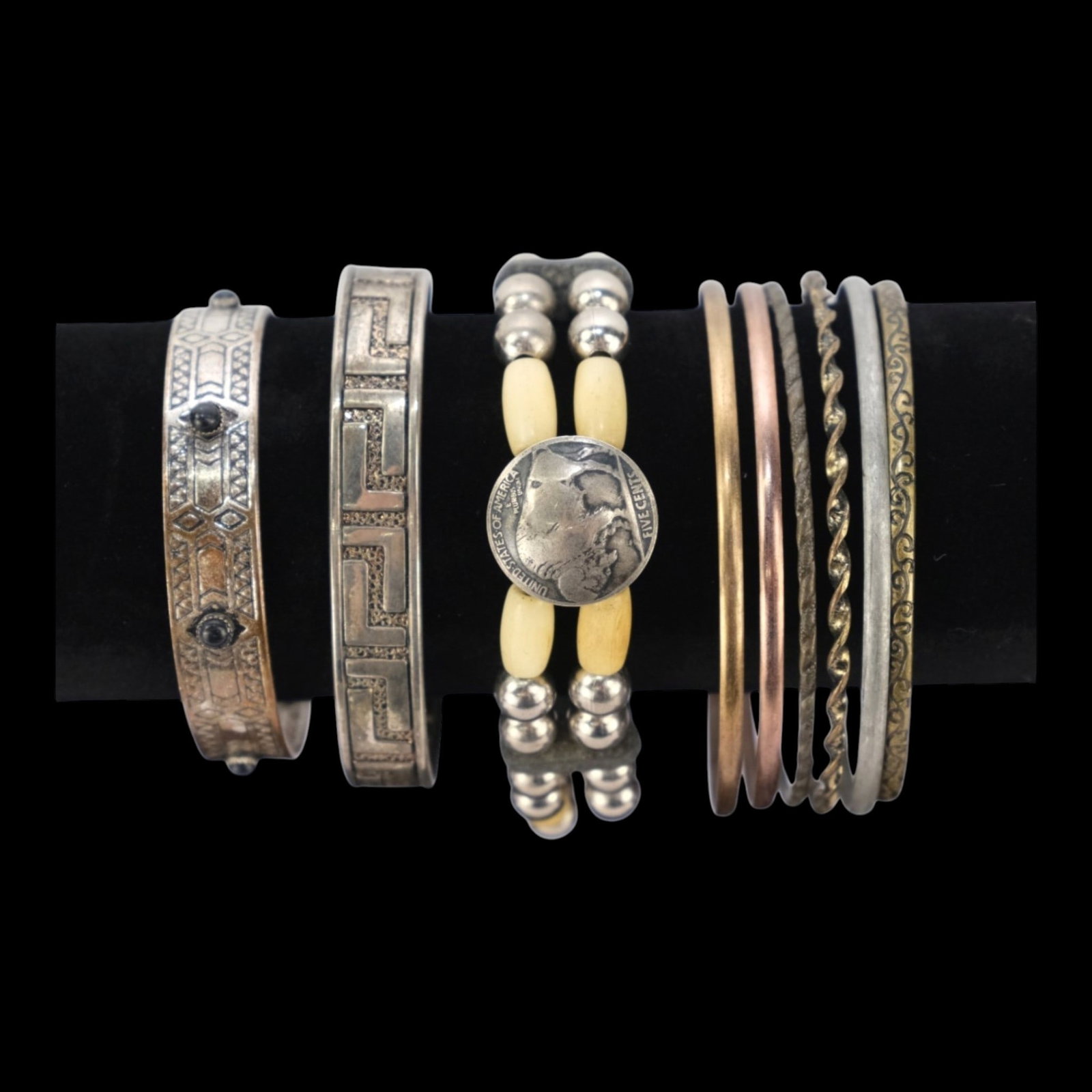 Southwestern Cuff Bangle Beaded Copper & Brass Buffalo Nickel Bracelet Collection Fashion Jewelry: Professional, fast, and affordable in house shipping available for all items.For higher resolution images please visit bid.craftedauctions.com Bracelet collection featuring engraved Southwestern cuffs