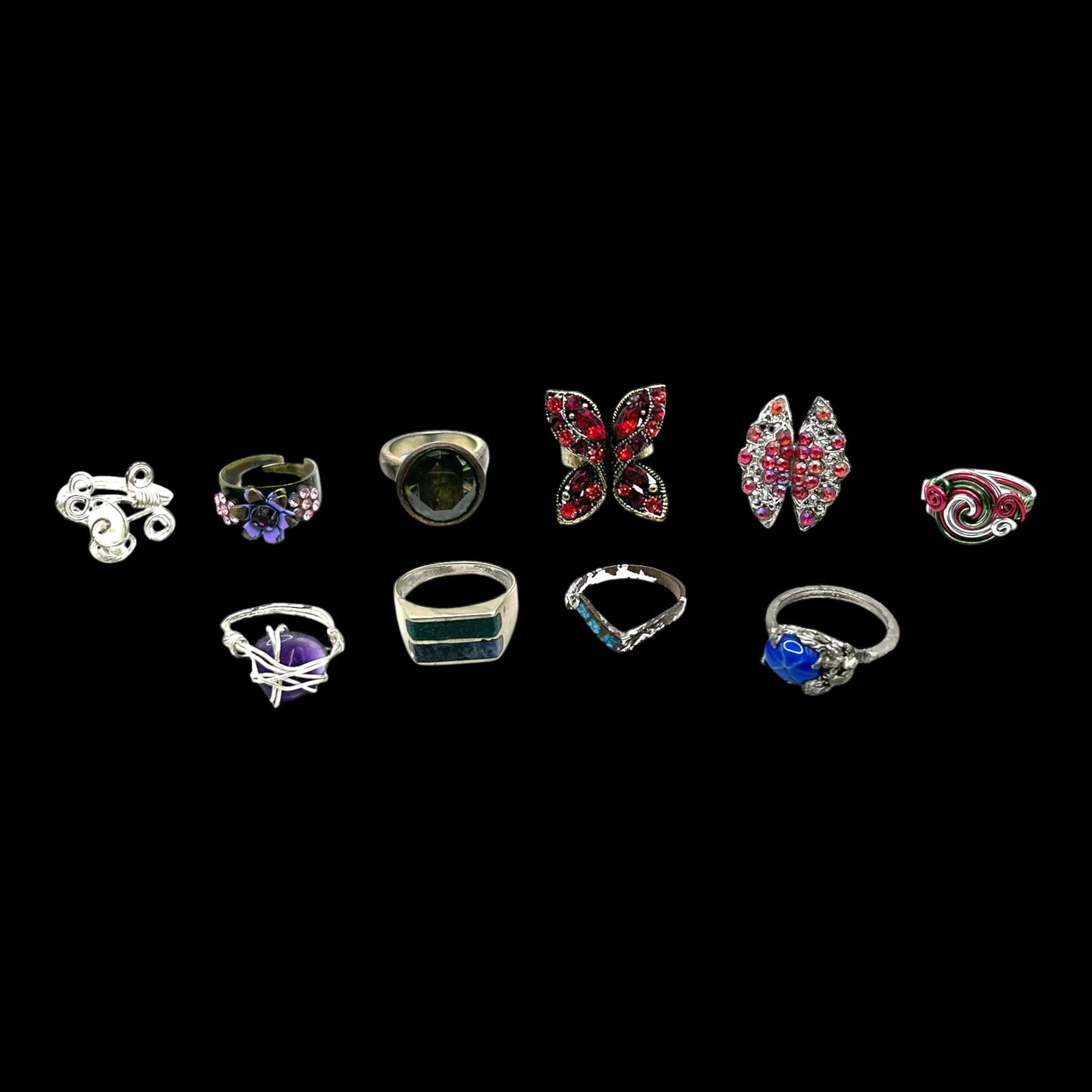 Fashion Ring Collection Butterfly Amethyst Signet Cocktail & Colorful Stone Designs Mixed: Professional, fast, and affordable in house shipping available for all items.For higher resolution images please visit bid.craftedauctions.com Assorted fashion rings featuring butterfly, amethyst, sig