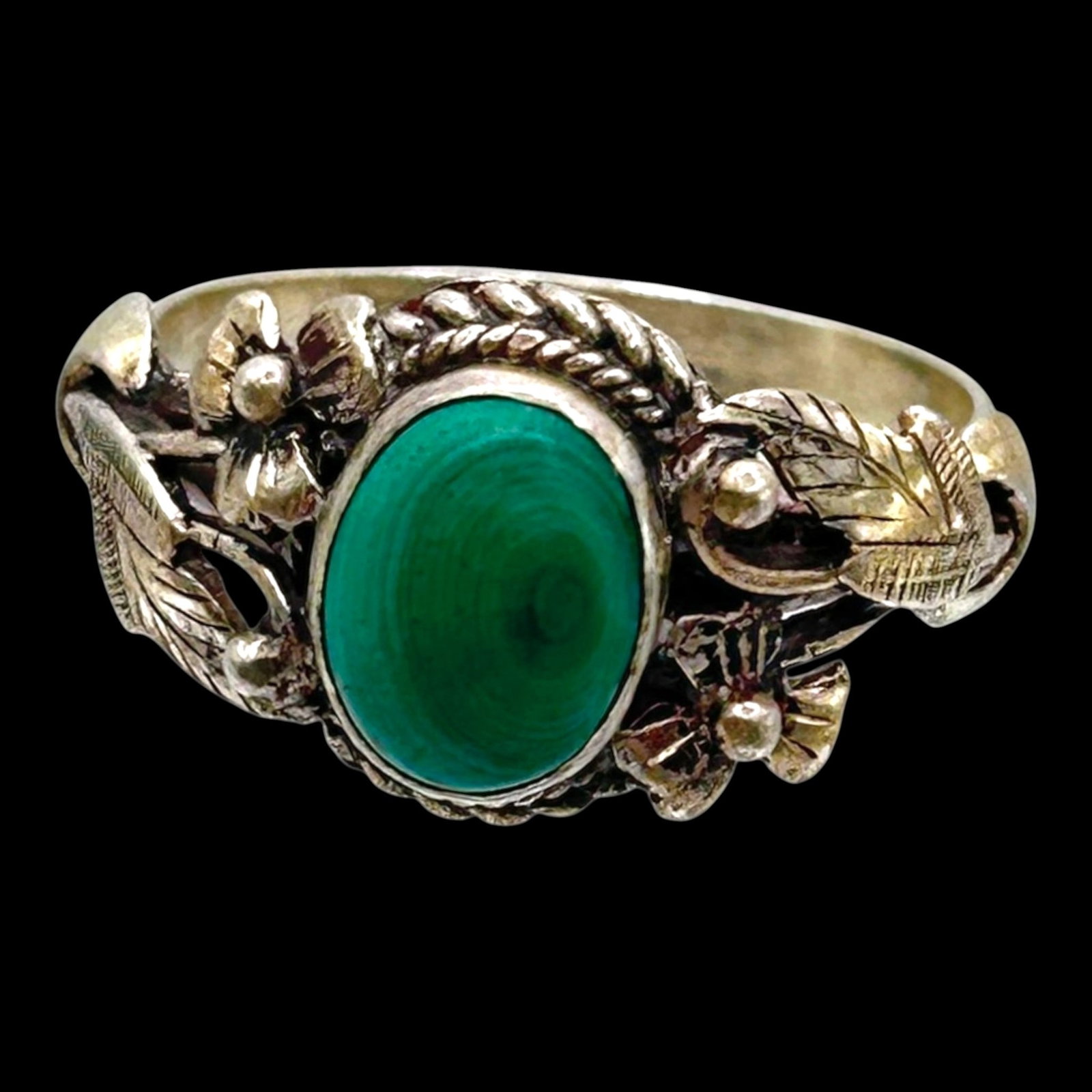 Sterling Silver Malachite Floral & Leaf Ring With Rope Bezel Victorian Revival Design (1 of 3)