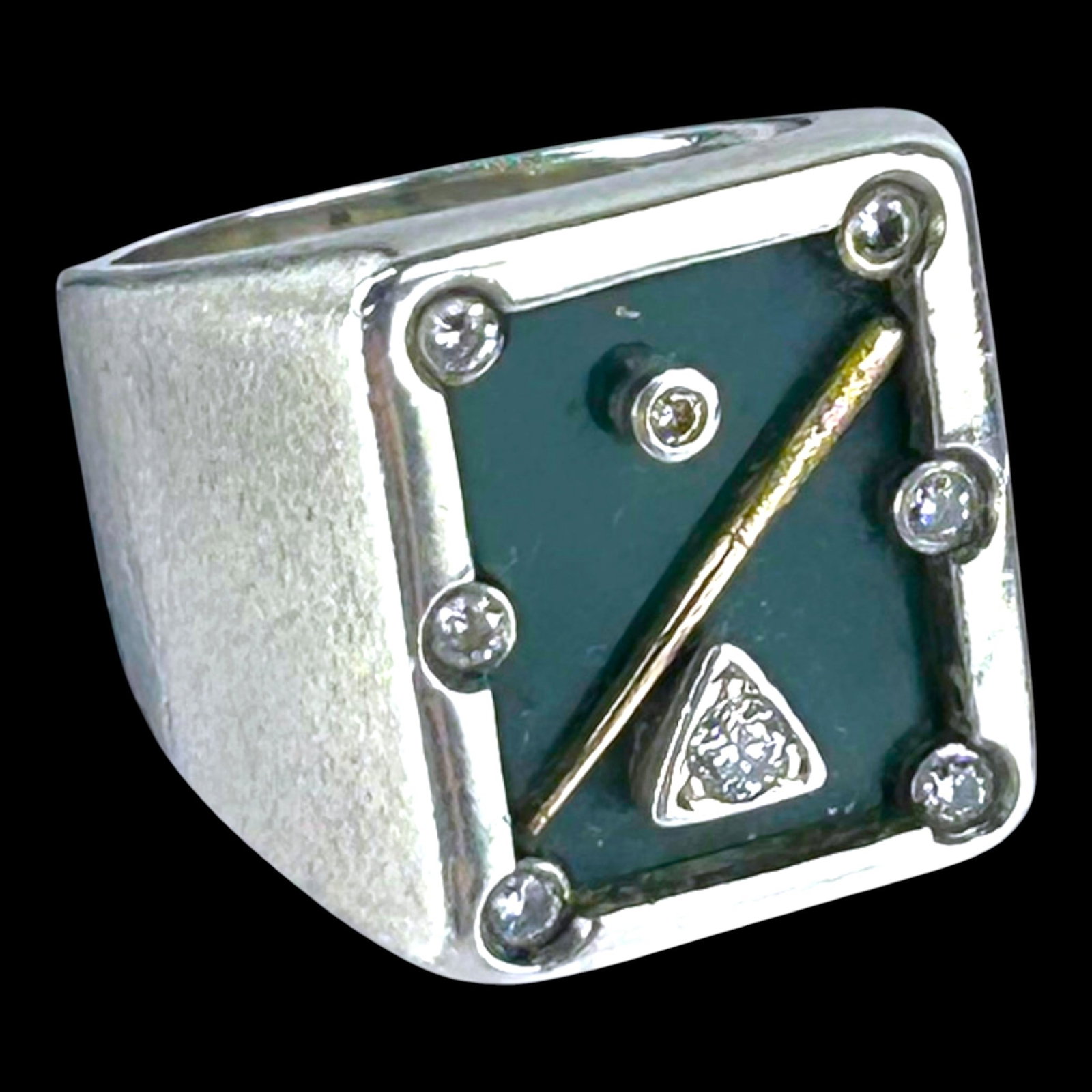 Sterling Silver 14K Gold Diamond Billiards Pool Table Ring Cue Stick 8 Ball Size 10: Professional, fast, and affordable in house shipping available for all items.For higher resolution images please visit bid.craftedauctions.com Bold sterling silver ring featuring a billiards table des