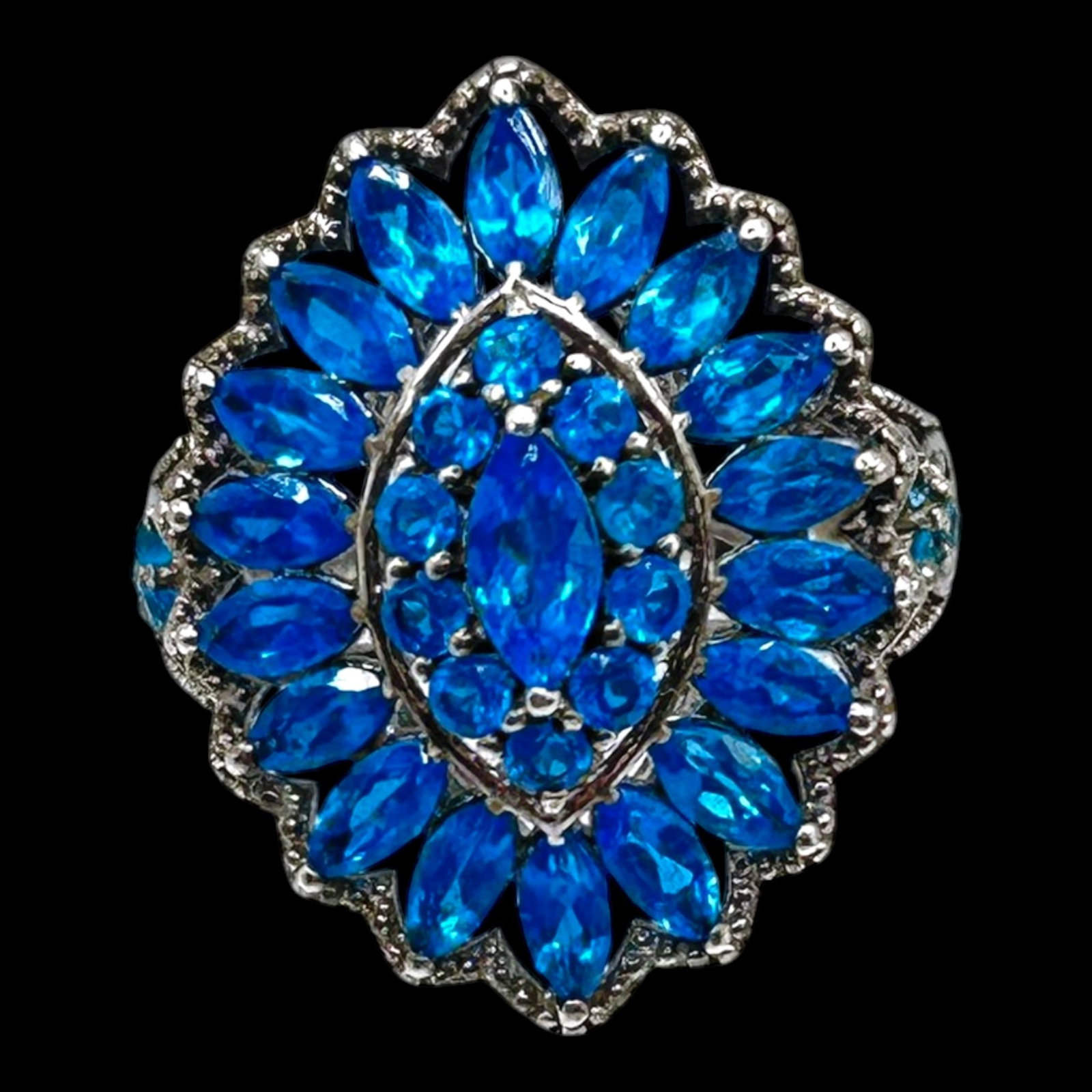 D'Joy Sterling Silver Blue Gemstone Cluster Ring Marquise & Pear Cut Halo Statement Design (1 of 4)