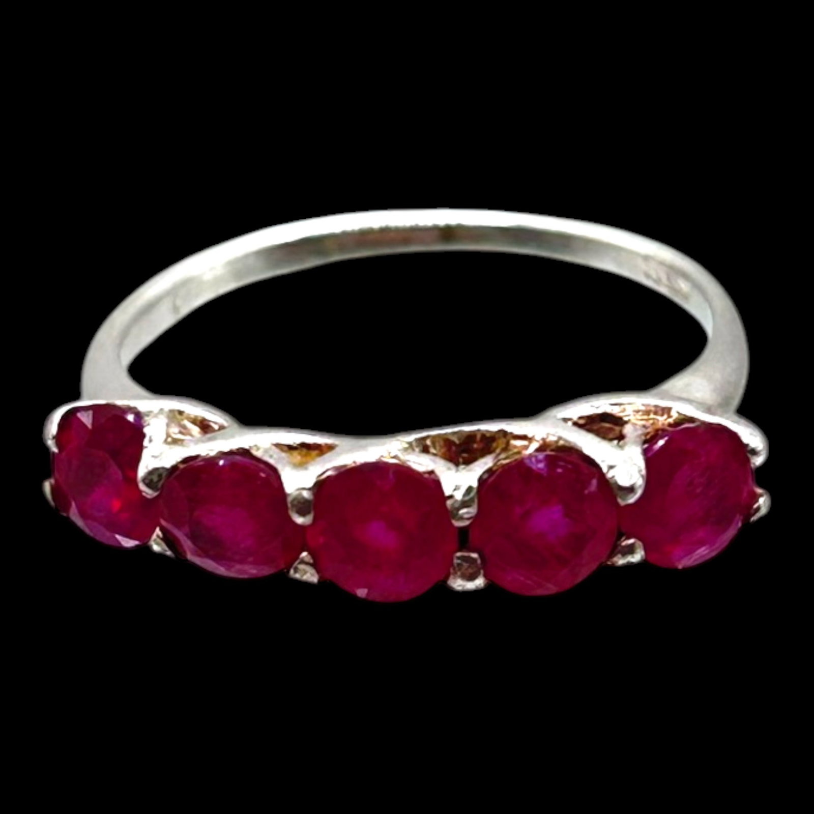 Sterling Silver Five Stone Ruby Band Ring With Round Faceted Gemstones Classic Stack Design: Professional, fast, and affordable in house shipping available for all items.For higher resolution images please visit bid.craftedauctions.com Elegantly timeless, this sterling silver band ring featur