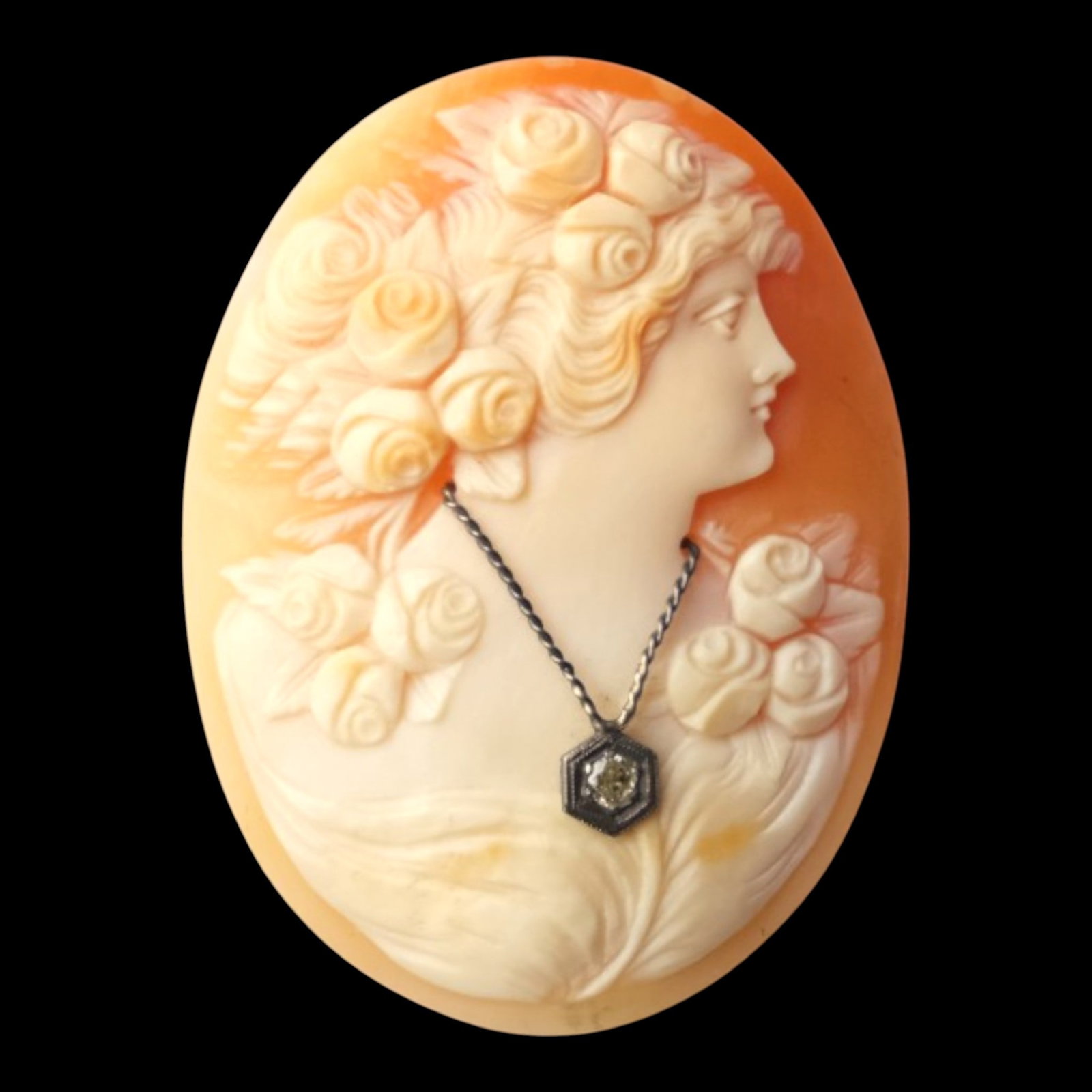 Hand Carved Shell Cameo Classical Lady With Roses And Diamond Necklace Unframed Jewelry Component: Professional, fast, and affordable in house shipping available for all items.For higher resolution images please visit bid.craftedauctions.com Finely hand carved, this unframed shell cameo depicts a g