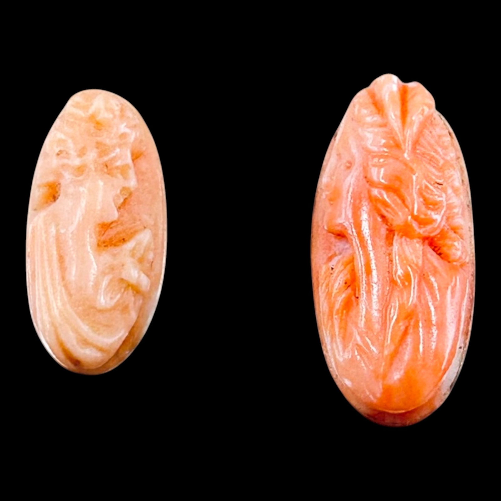 Hand Carved Shell Cameo Pair Classical Lady Portrait And Floral Unframed Jewelry Components: Professional, fast, and affordable in house shipping available for all items.For higher resolution images please visit bid.craftedauctions.com Finely hand carved, this pair of unframed shell cameos fe