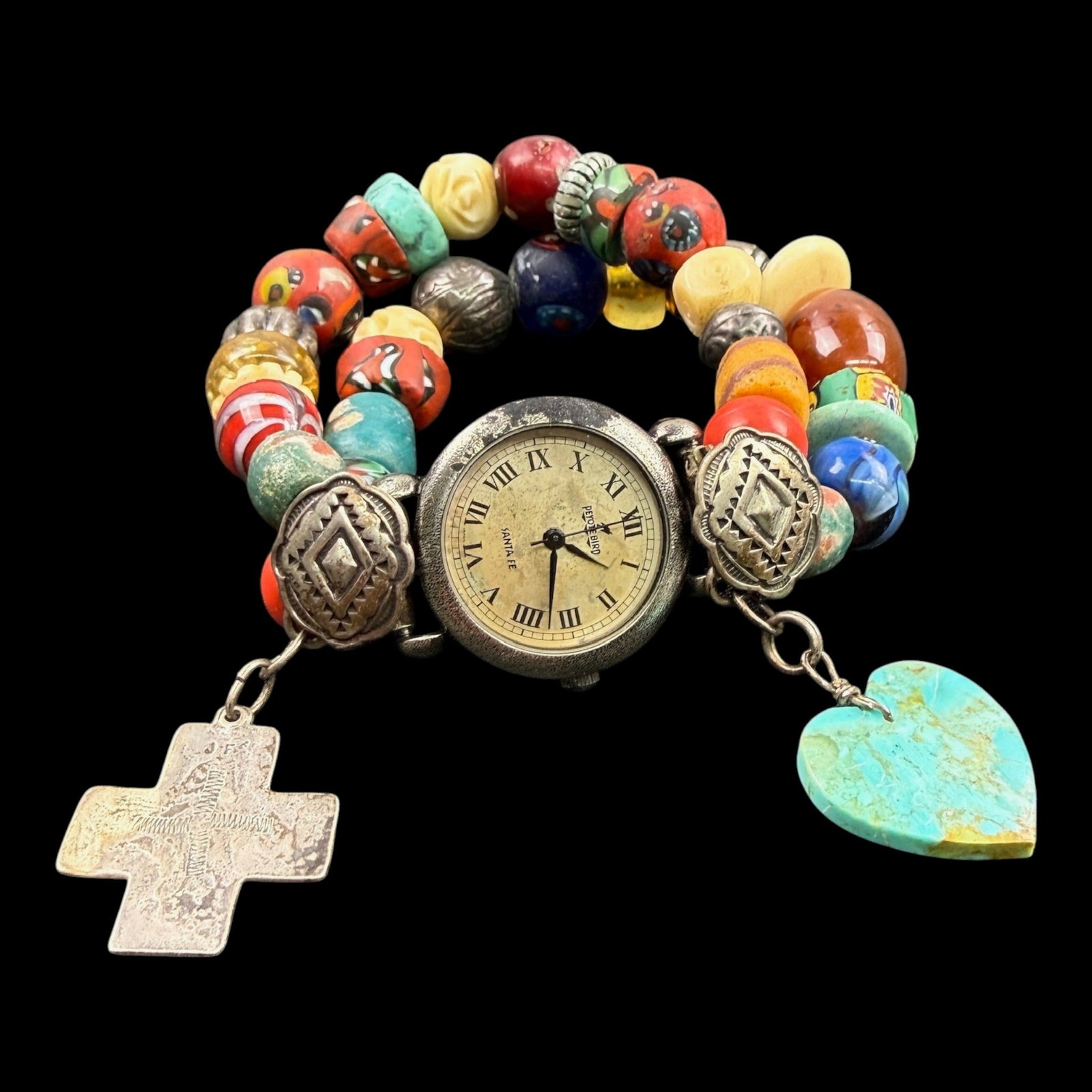 Peyote Bird Designs Native American Sterling Silver Beaded Quartz Watch Bracelet Turquoise Heart &: Professional, fast, and affordable in house shipping available for all items.For higher resolution images please visit bid.craftedauctions.com Peyote Bird Designs Native American Sterling Silver Beade