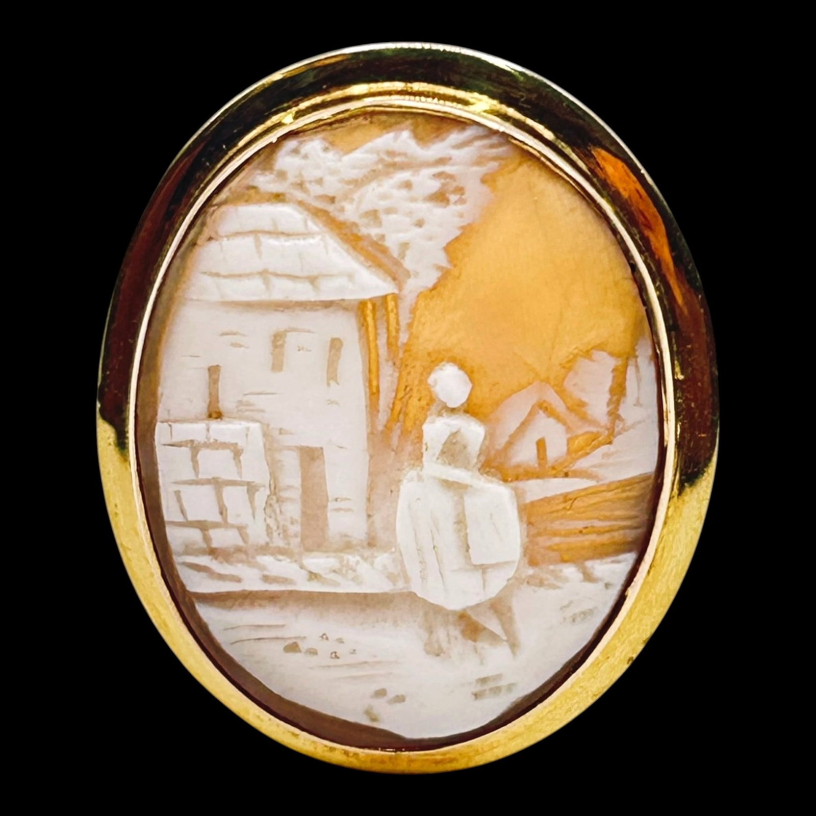 10K Yellow Gold Hand Carved Shell Cameo Rural Village Scenic Brooch Pendant Pin Estate Jewelry: Professional, fast, and affordable in house shipping available for all items.For higher resolution images please visit bid.craftedauctions.com Beautiful 10K yellow gold brooch pendant featuring a hand